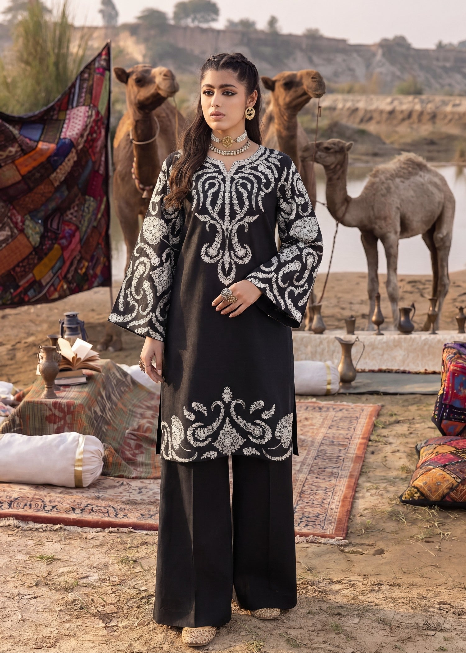 Textured lawn Kurta Set in Black