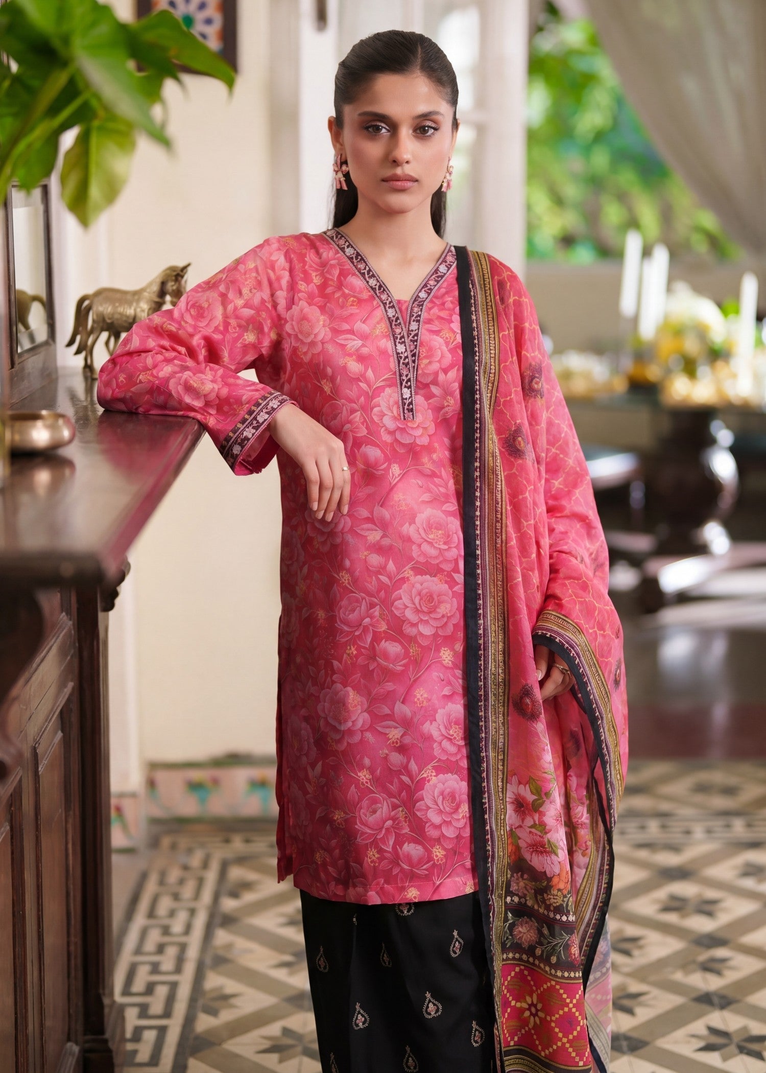Lawn Kurta Set in Cherry red
