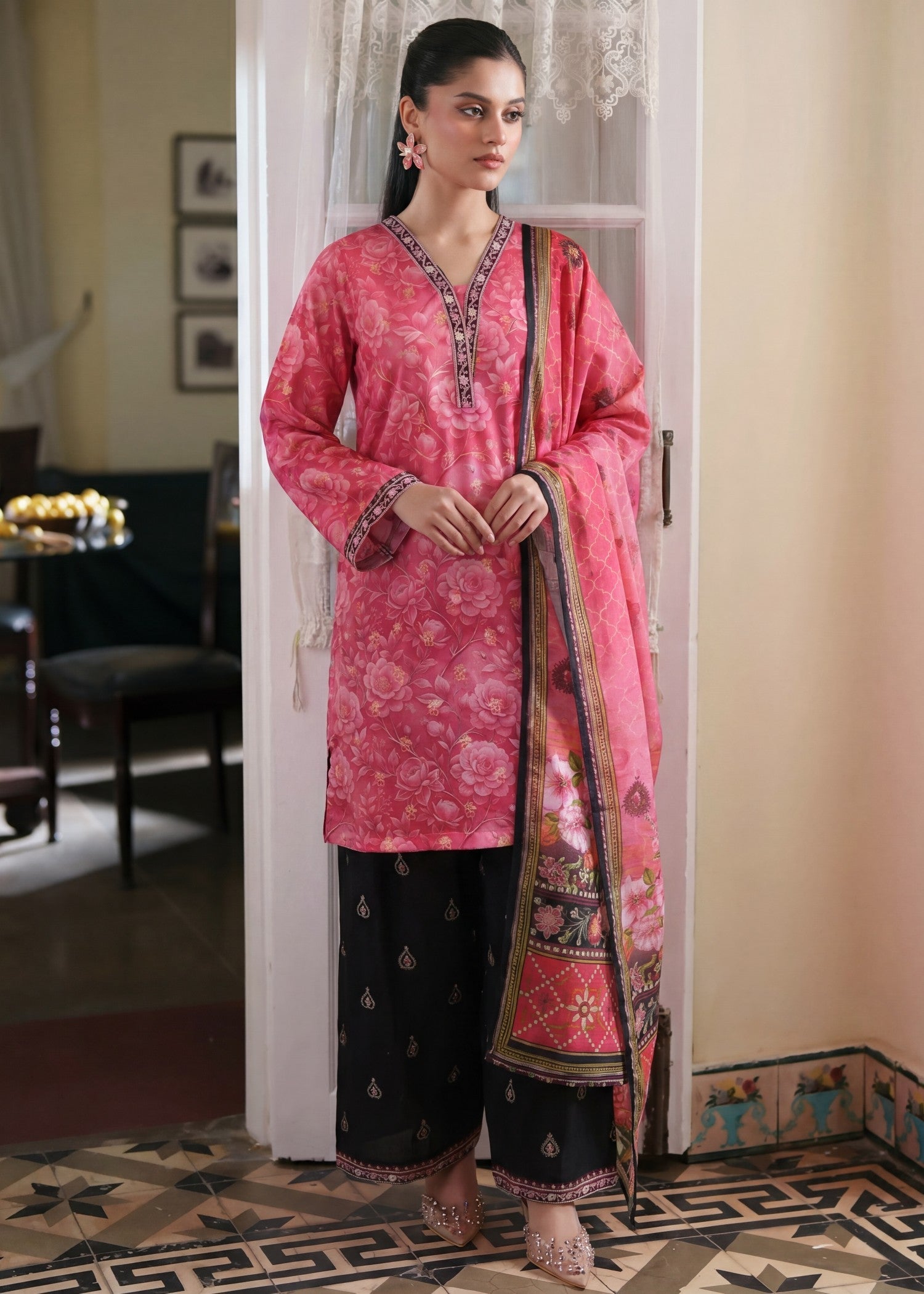Lawn Kurta Set in Cherry red