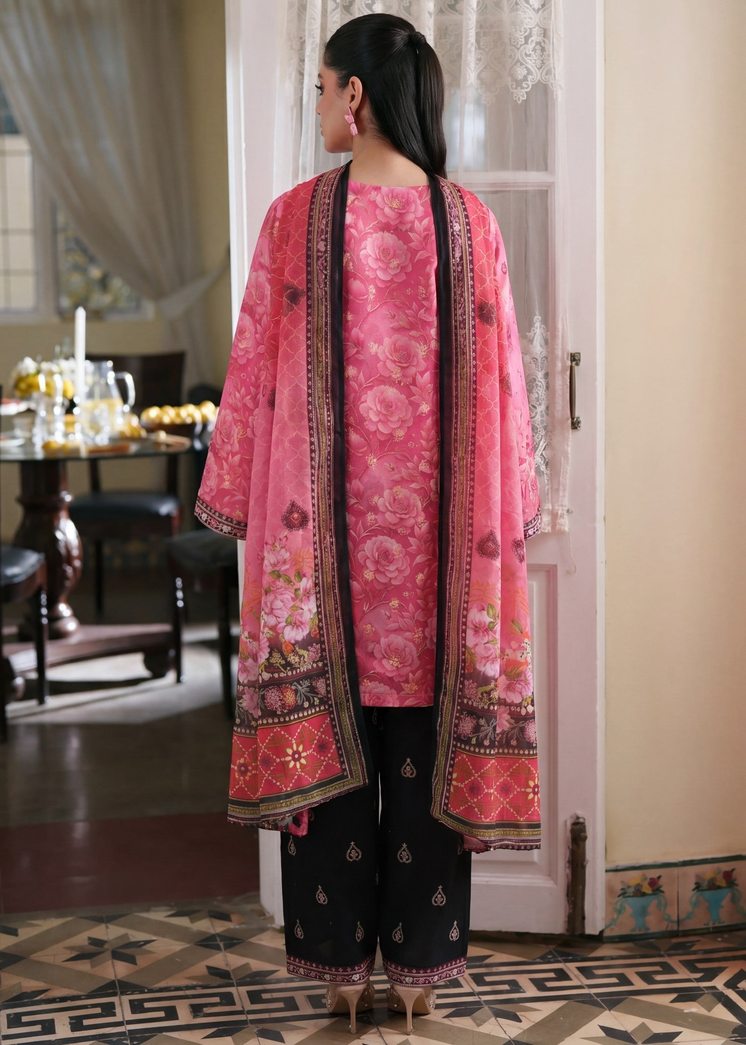 Lawn Kurta Set in Cherry red