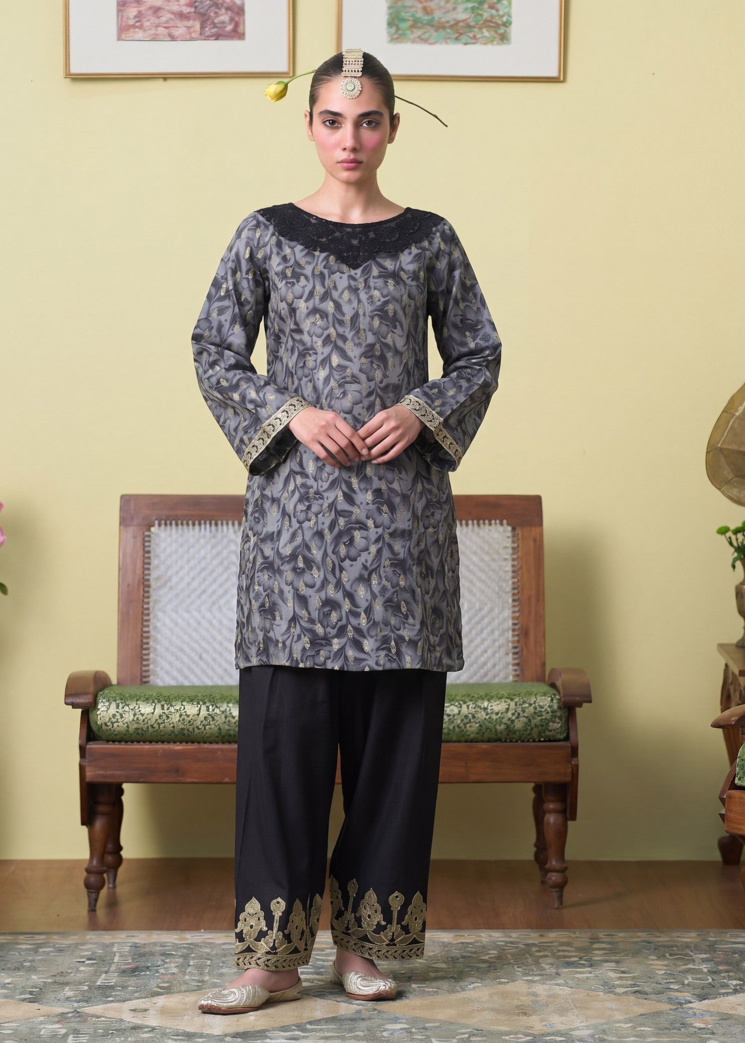 Lawn Kurta Set in Charcoal black