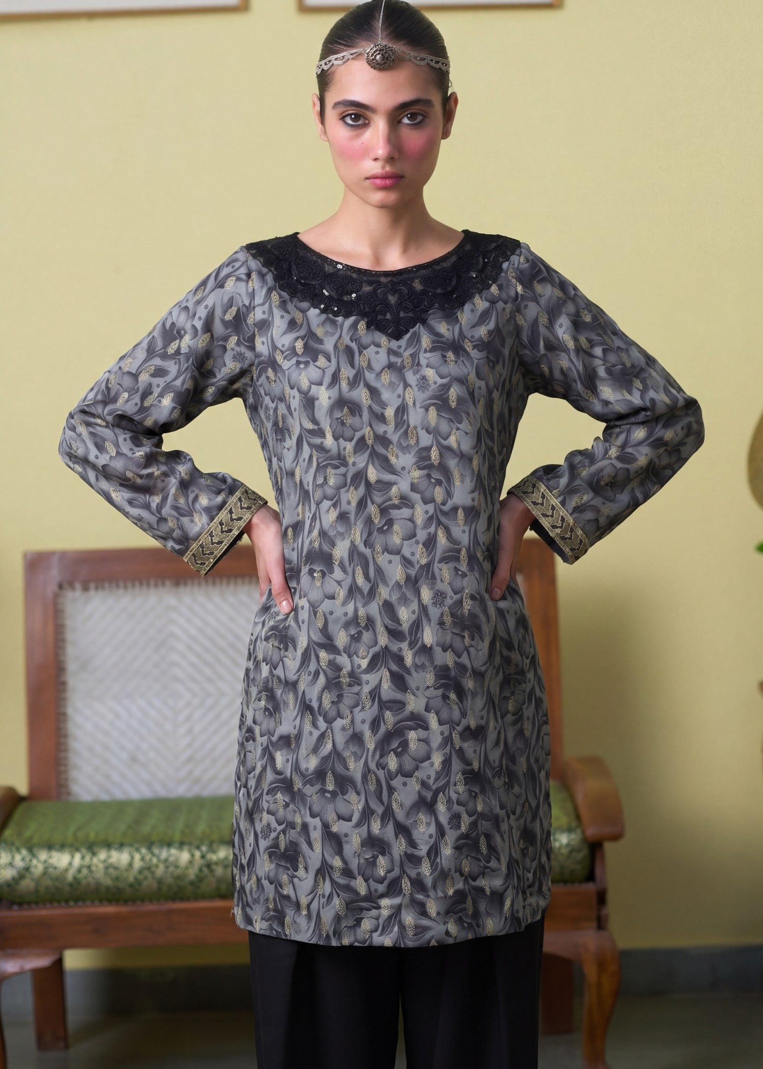 Lawn Kurta Set in Charcoal black