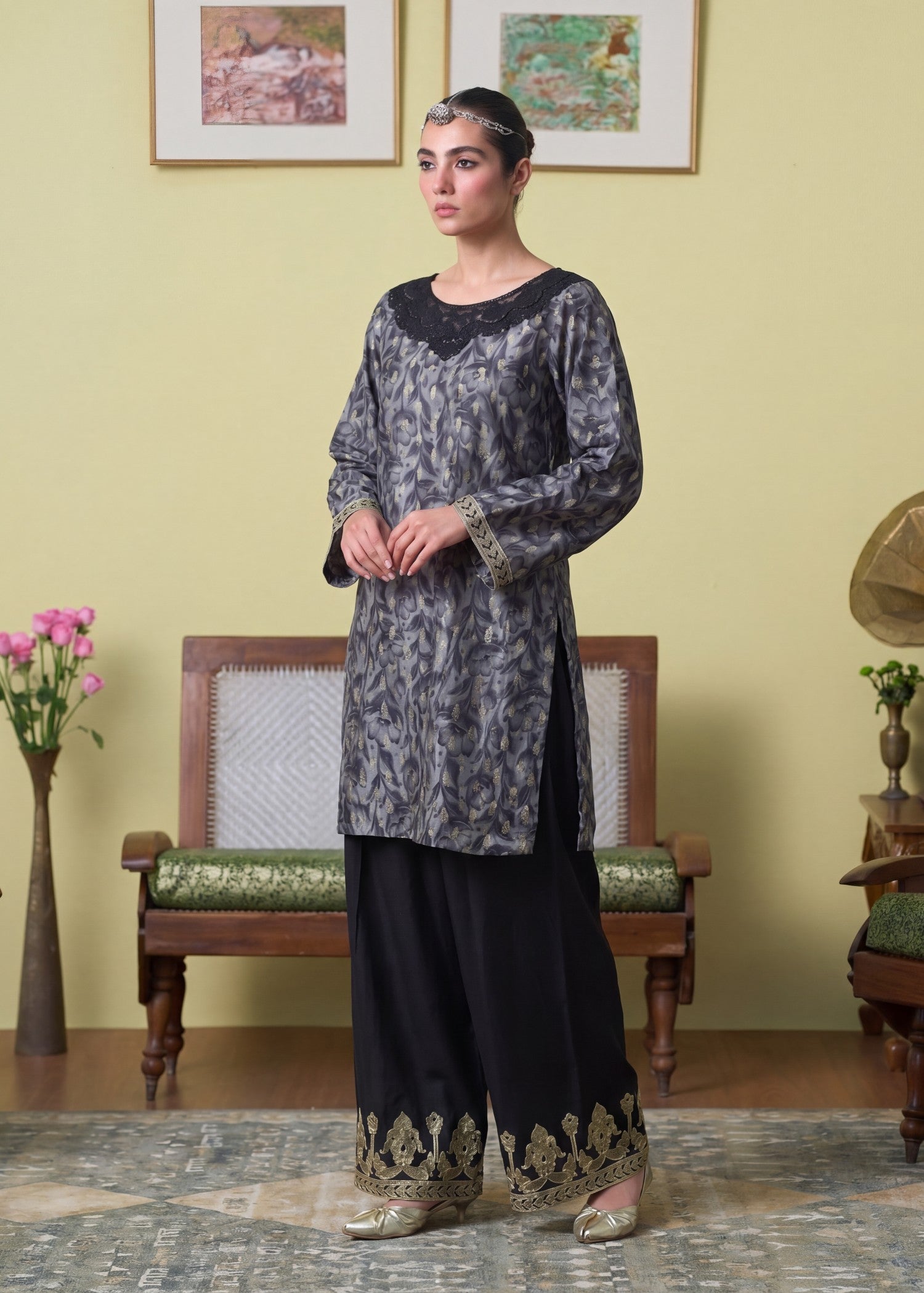 Lawn Kurta Set in Charcoal black