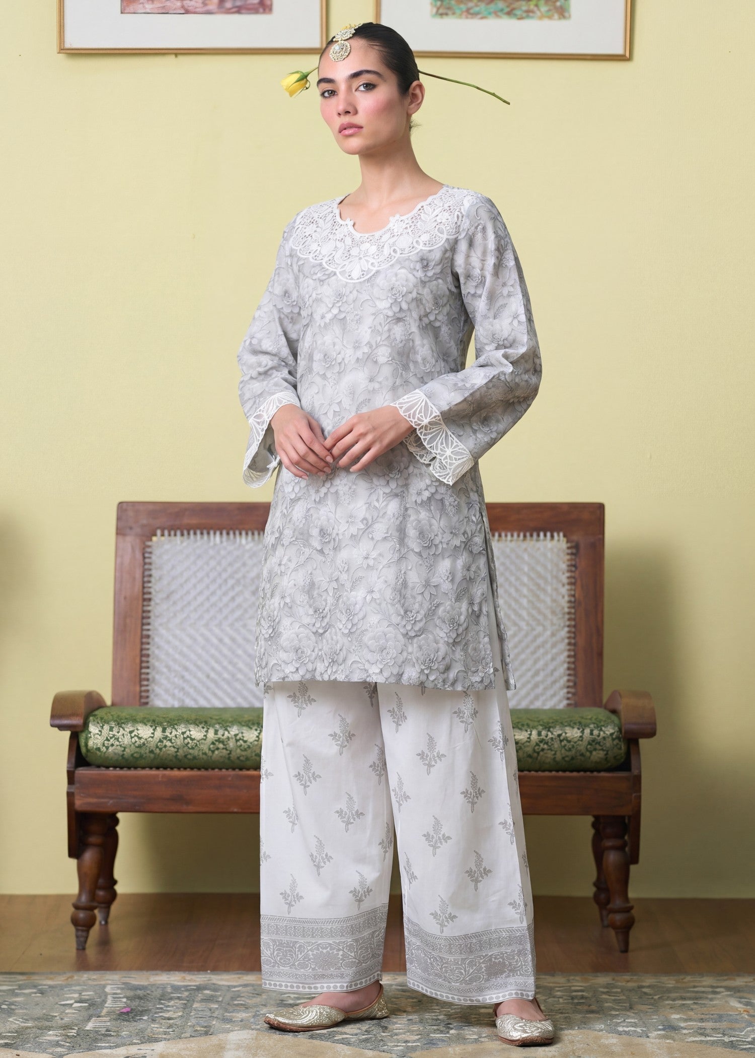 Lawn Kurta Set in White smoke