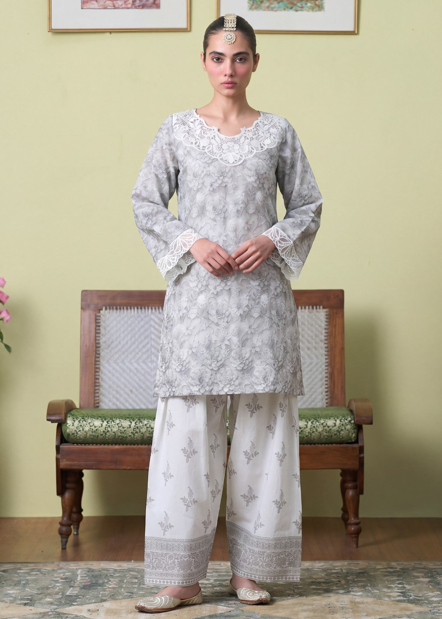 Lawn Kurta Set in White smoke