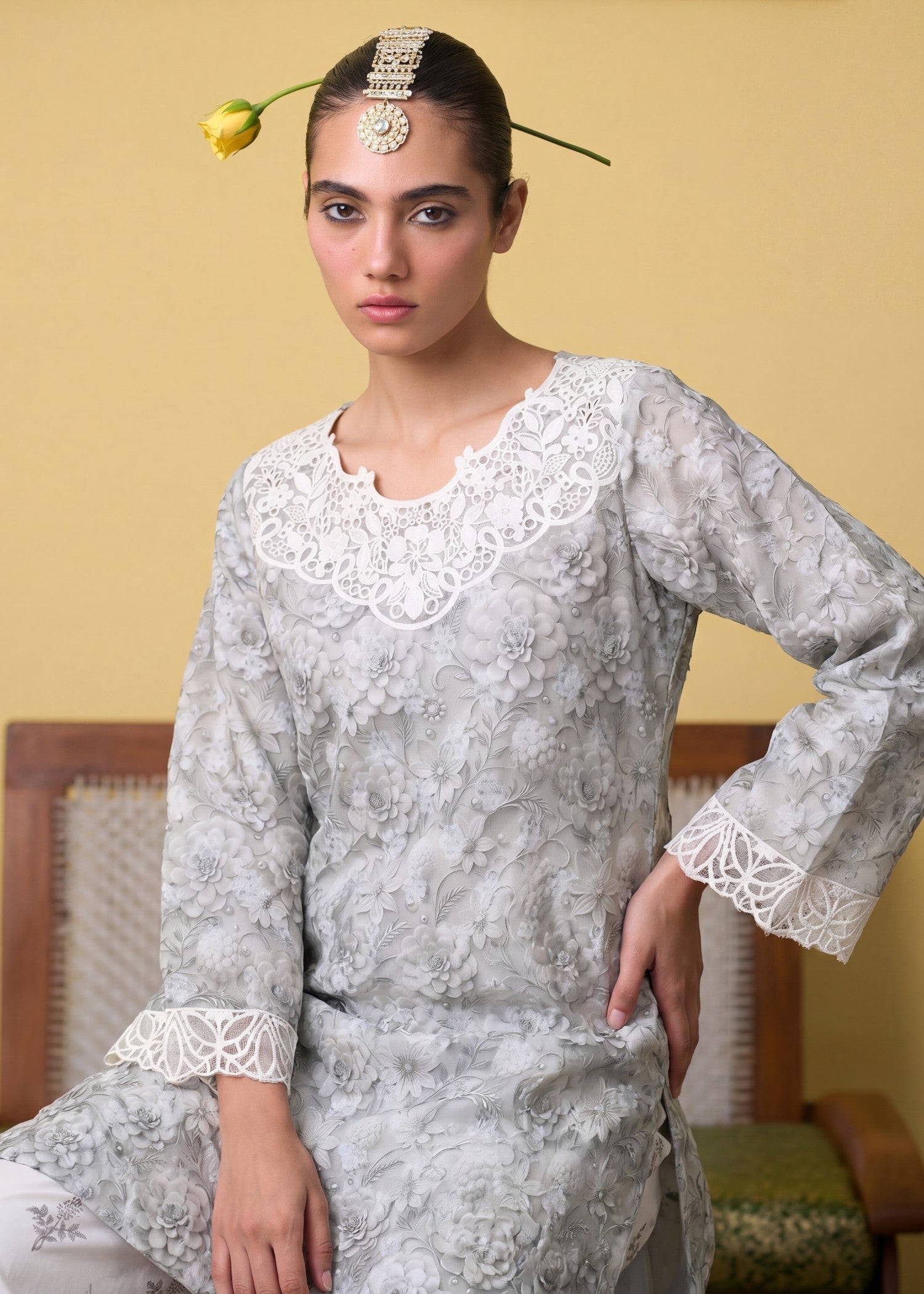 Lawn Kurta Set in White smoke