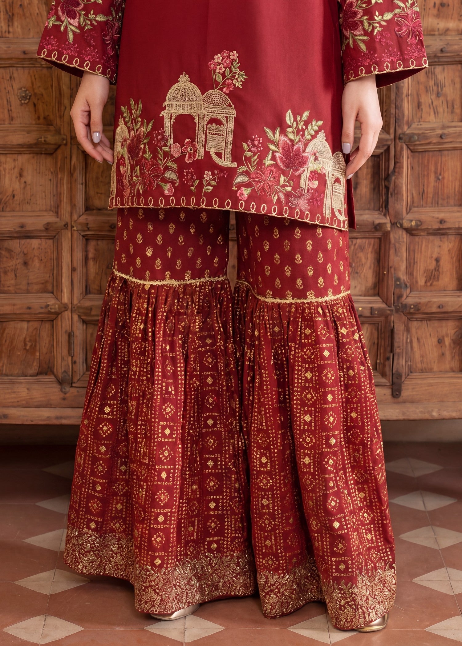 Lawn Gharara in Maroon