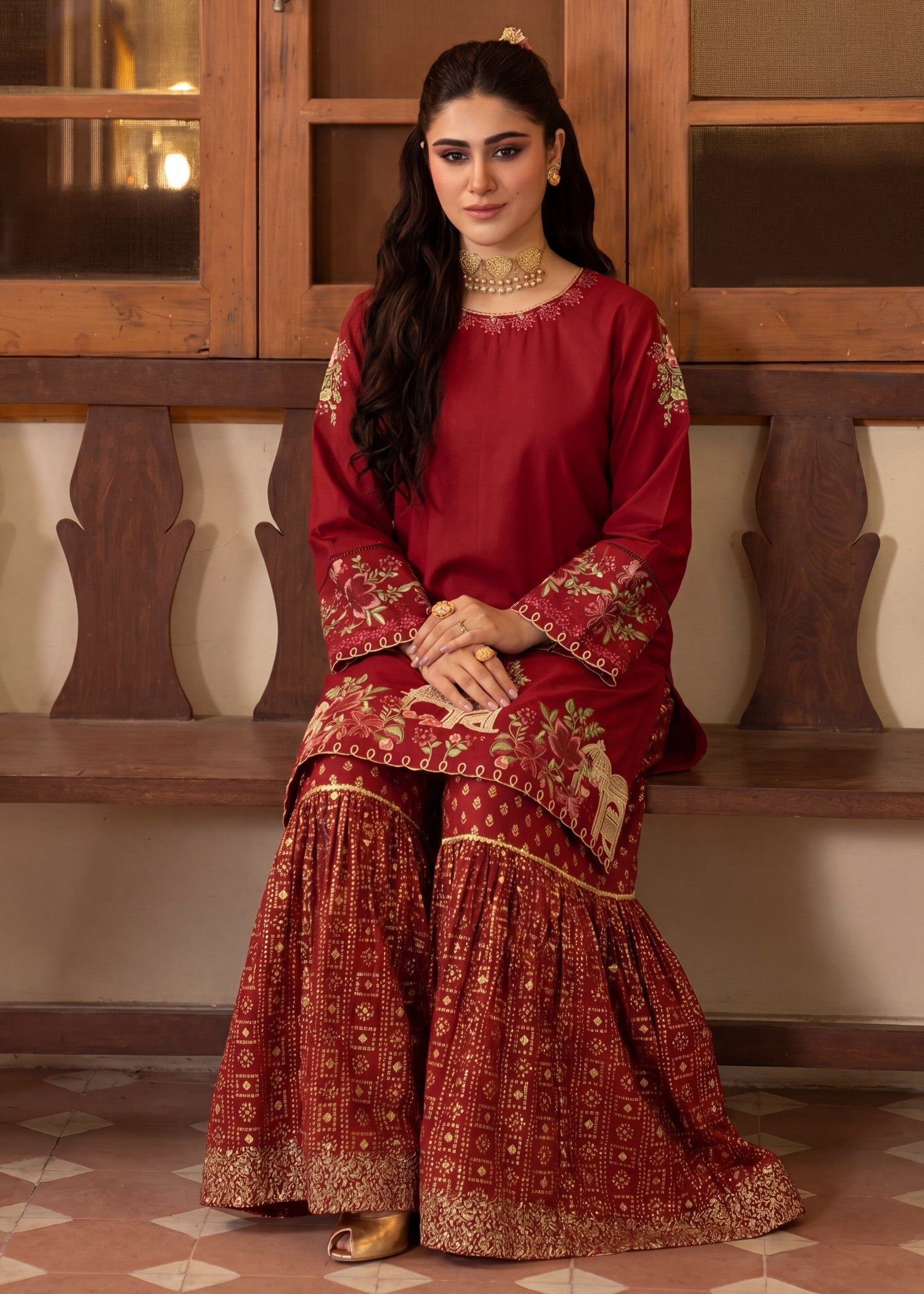 Lawn Gharara in Maroon