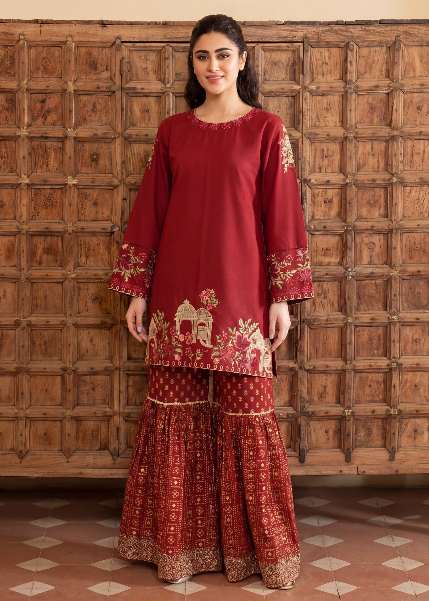Lawn Gharara in Maroon
