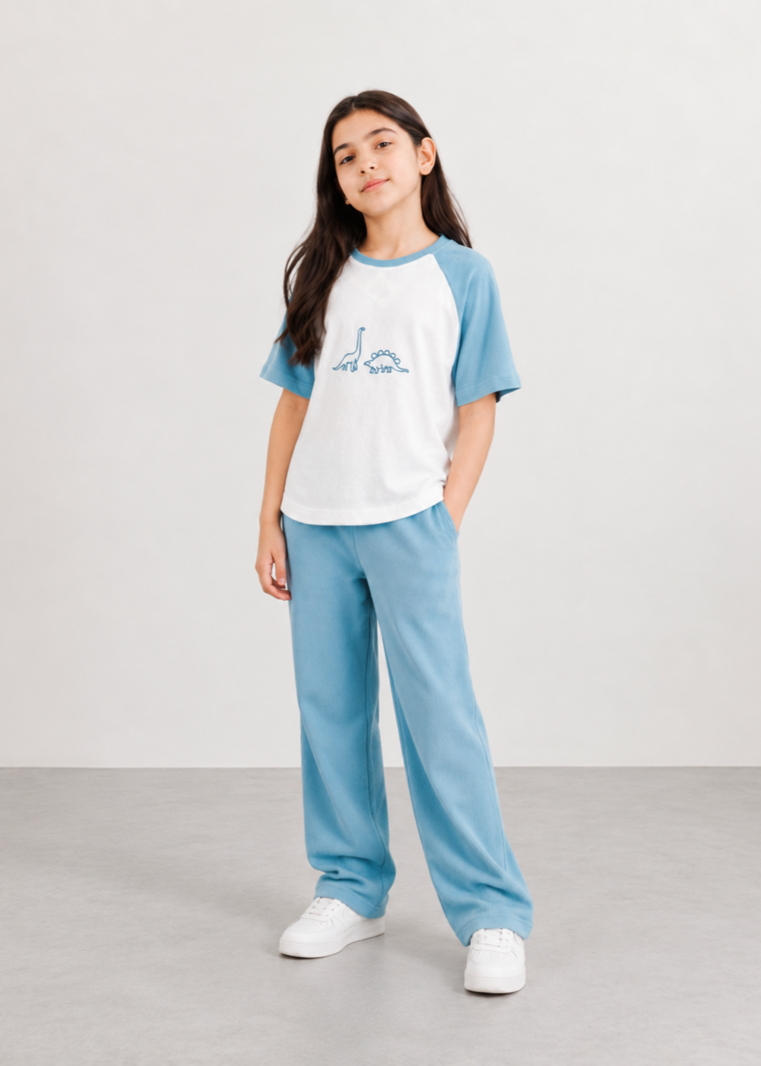 GIRLS-SKY-BLUE-DINOSAUR-RIBBED-CO-ORD-SET-SOFT-SUMMER-T-SHIRT-PANTS-OUTFIT