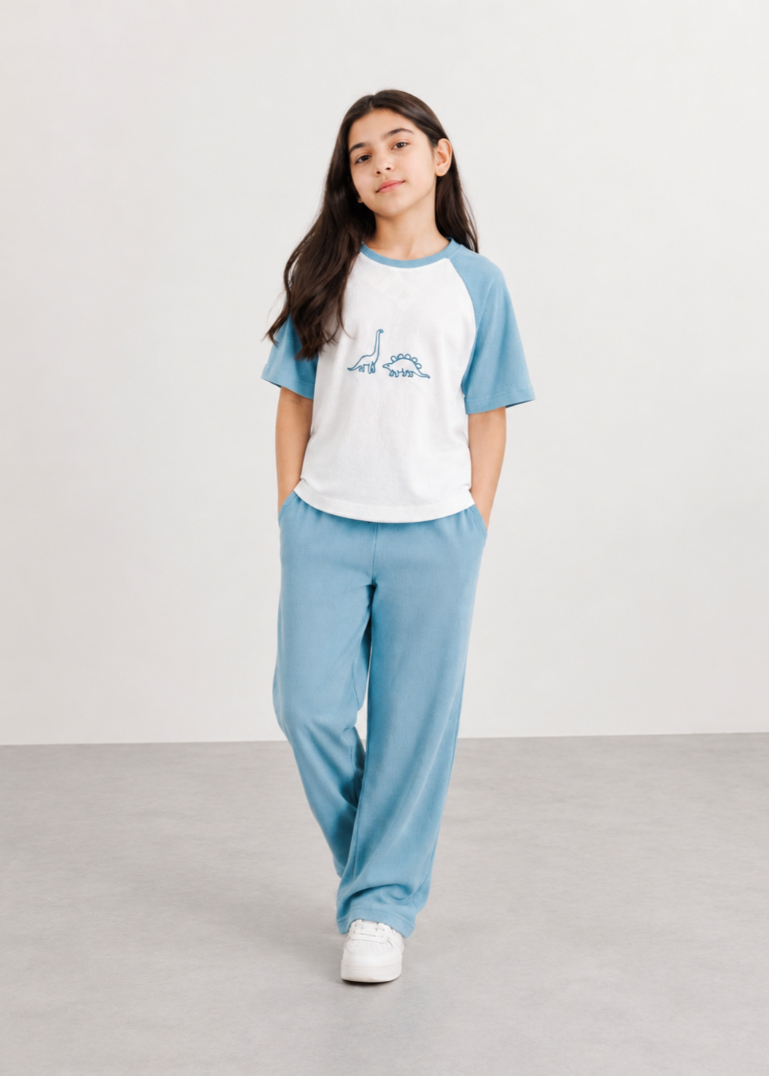 GIRLS-SKY-BLUE-DINOSAUR-RIBBED-CO-ORD-SET-SOFT-SUMMER-T-SHIRT-PANTS-OUTFIT