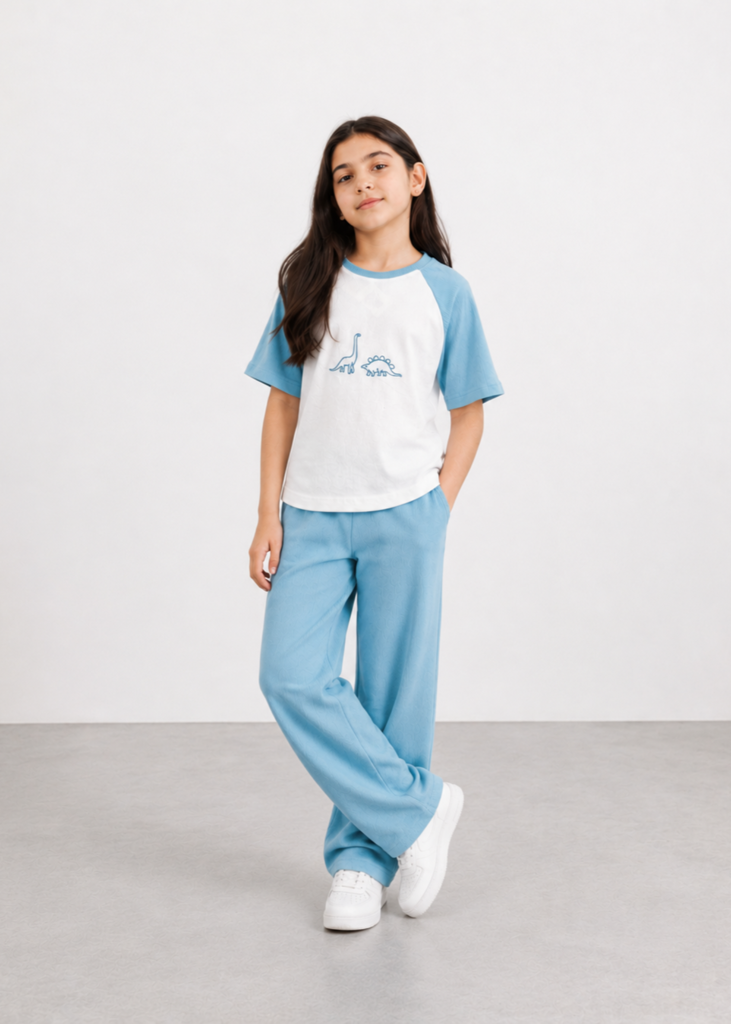 GIRLS-SKY-BLUE-DINOSAUR-RIBBED-CO-ORD-SET-SOFT-SUMMER-T-SHIRT-PANTS-OUTFIT