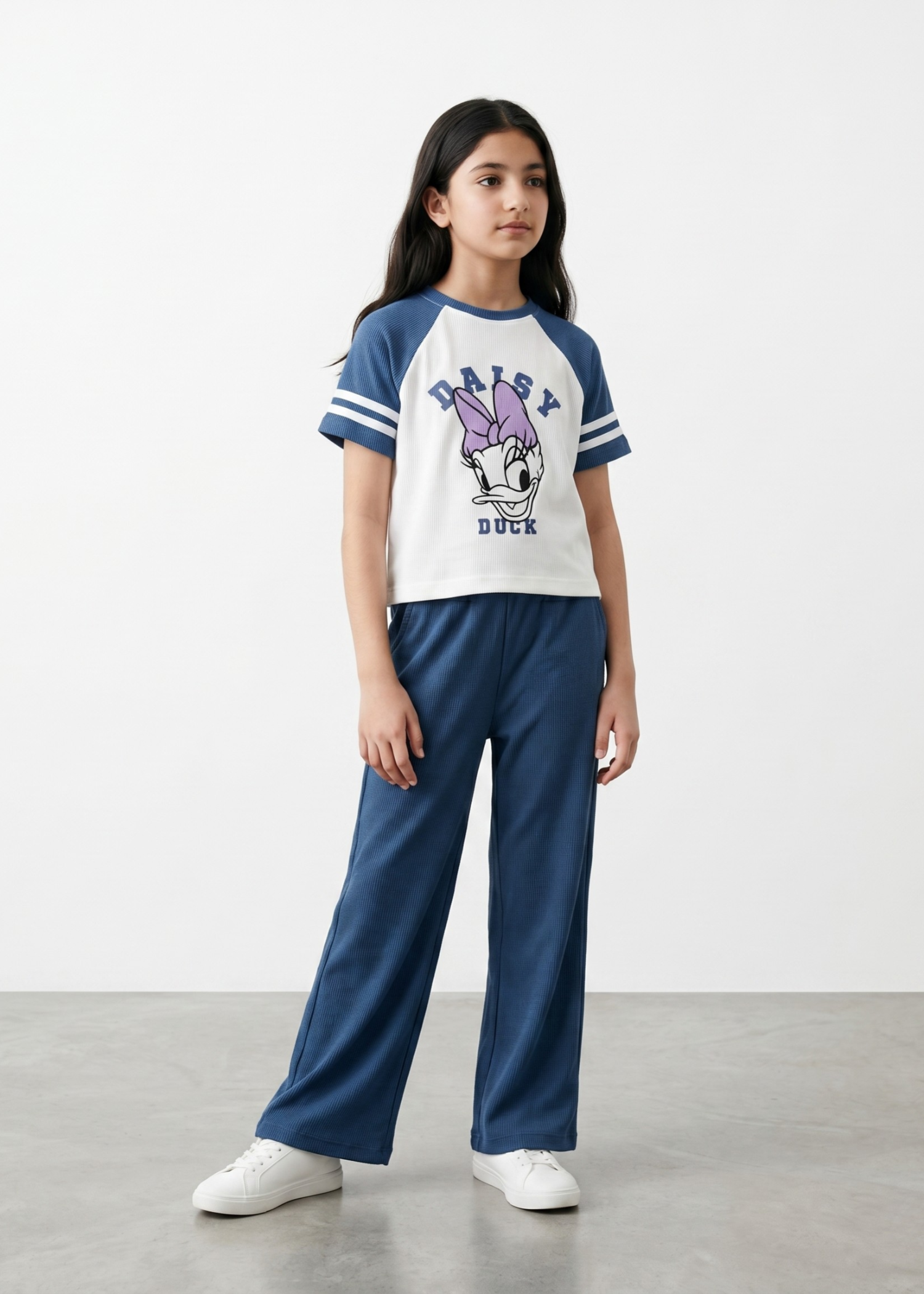 GIRLS-DISNEY-DAISY-DUCK-2 - Piece Ribbed Lounge Set Knit Raglan Tee Wide Leg Pants Co Ord