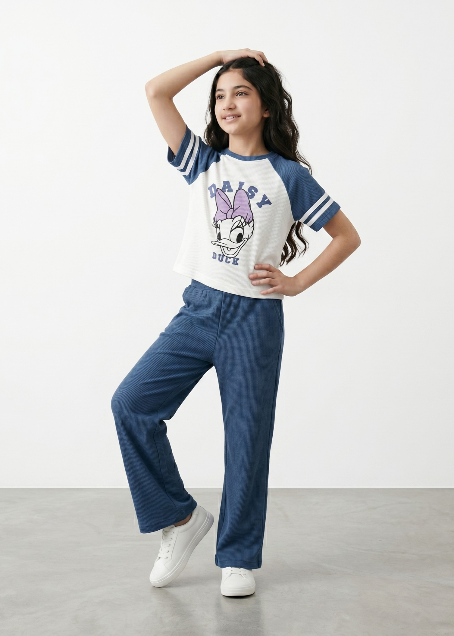 GIRLS-DISNEY-DAISY-DUCK-2 - Piece Ribbed Lounge Set Knit Raglan Tee Wide Leg Pants Co Ord