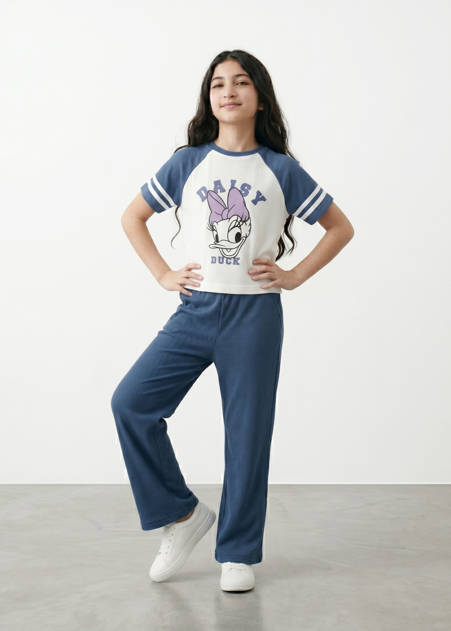 GIRLS-DISNEY-DAISY-DUCK-2 - Piece Ribbed Lounge Set Knit Raglan Tee Wide Leg Pants Co Ord