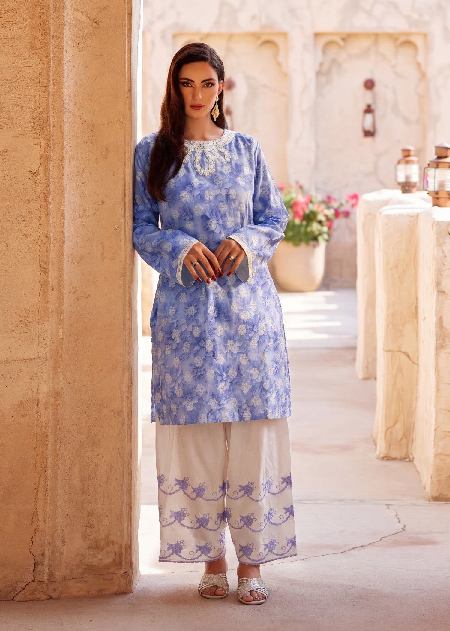 Self jacquard Kurta Set in Heathered lilac
