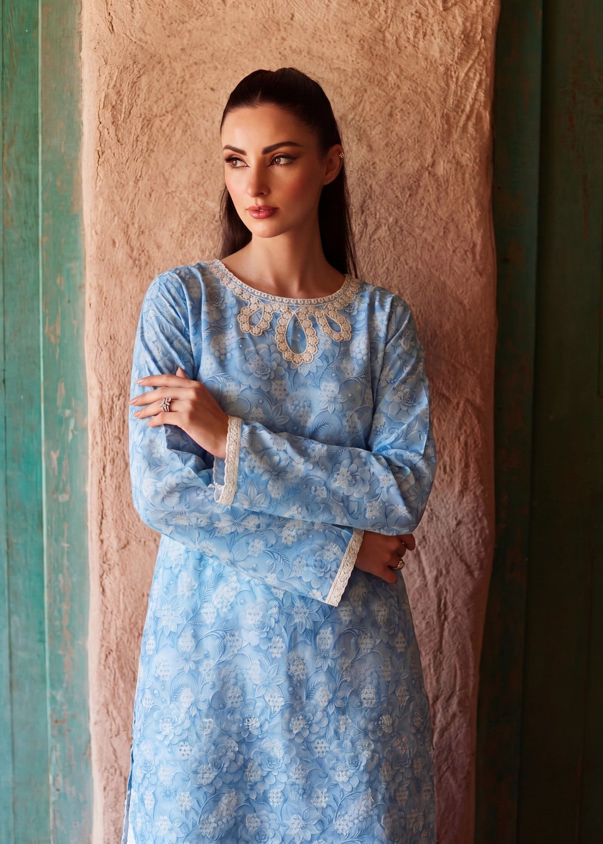 Self jacquard Kurta Set in Sky blue