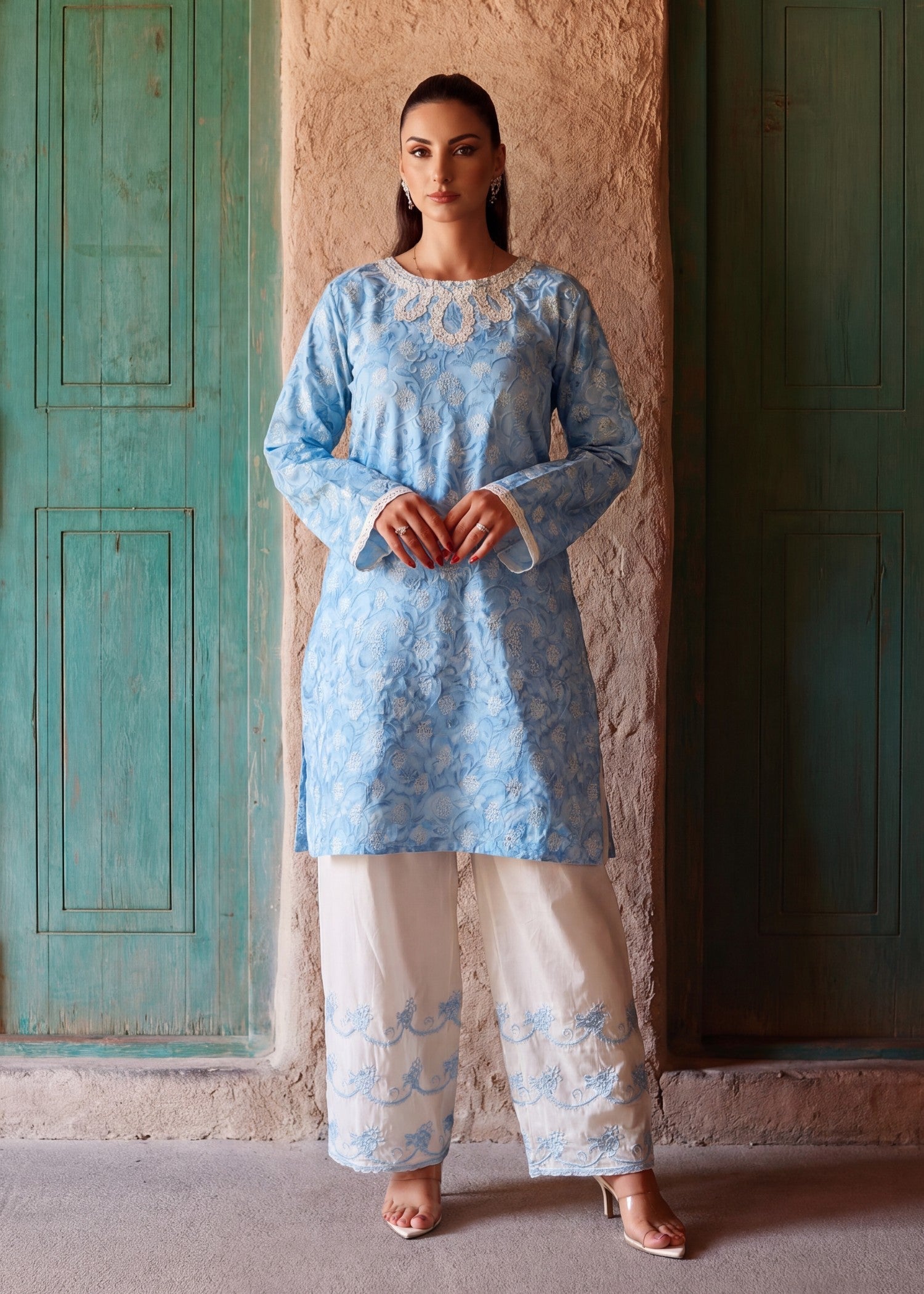 Self jacquard Kurta Set in Sky blue