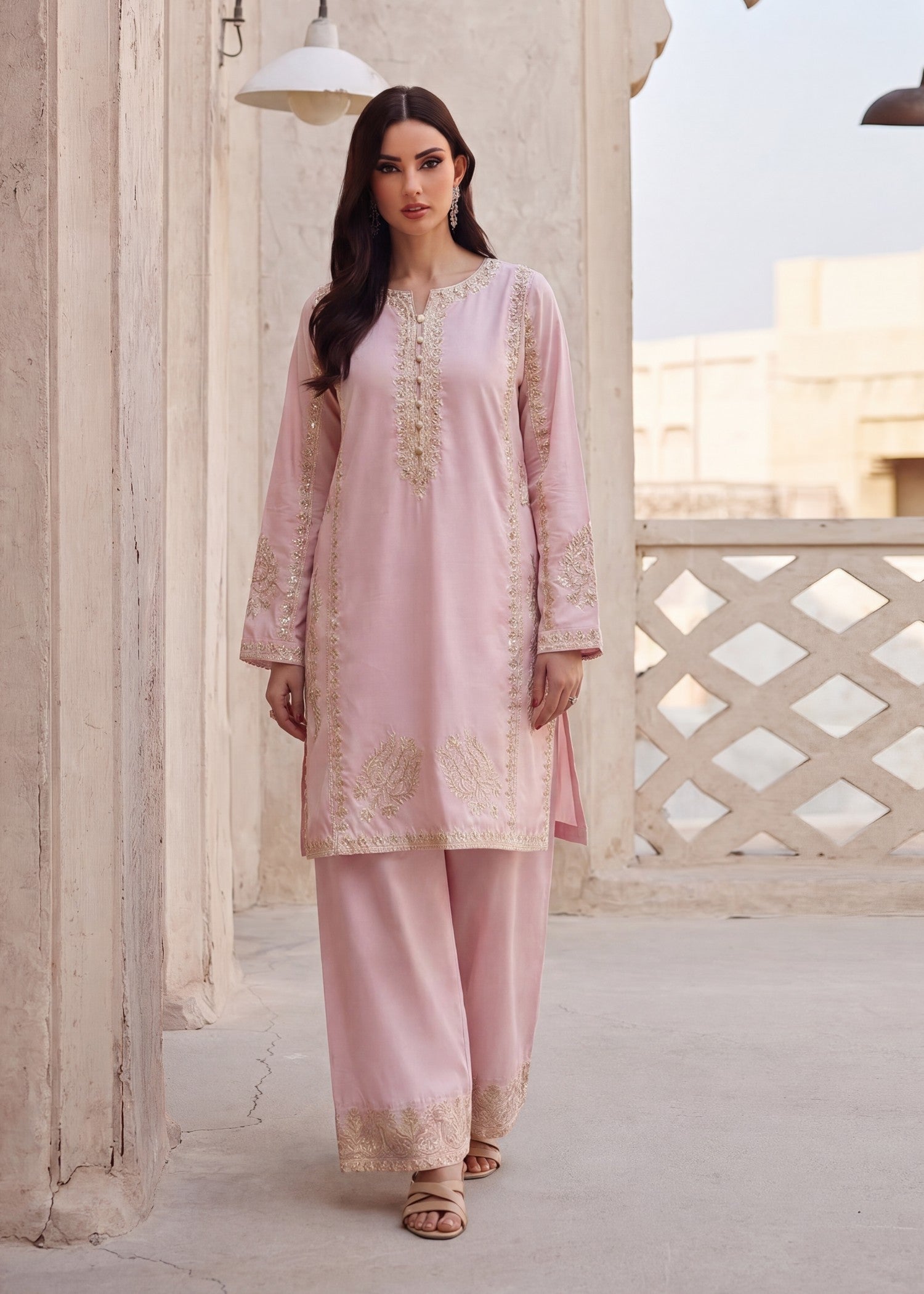 Lawn Kurta Set in Baby pink