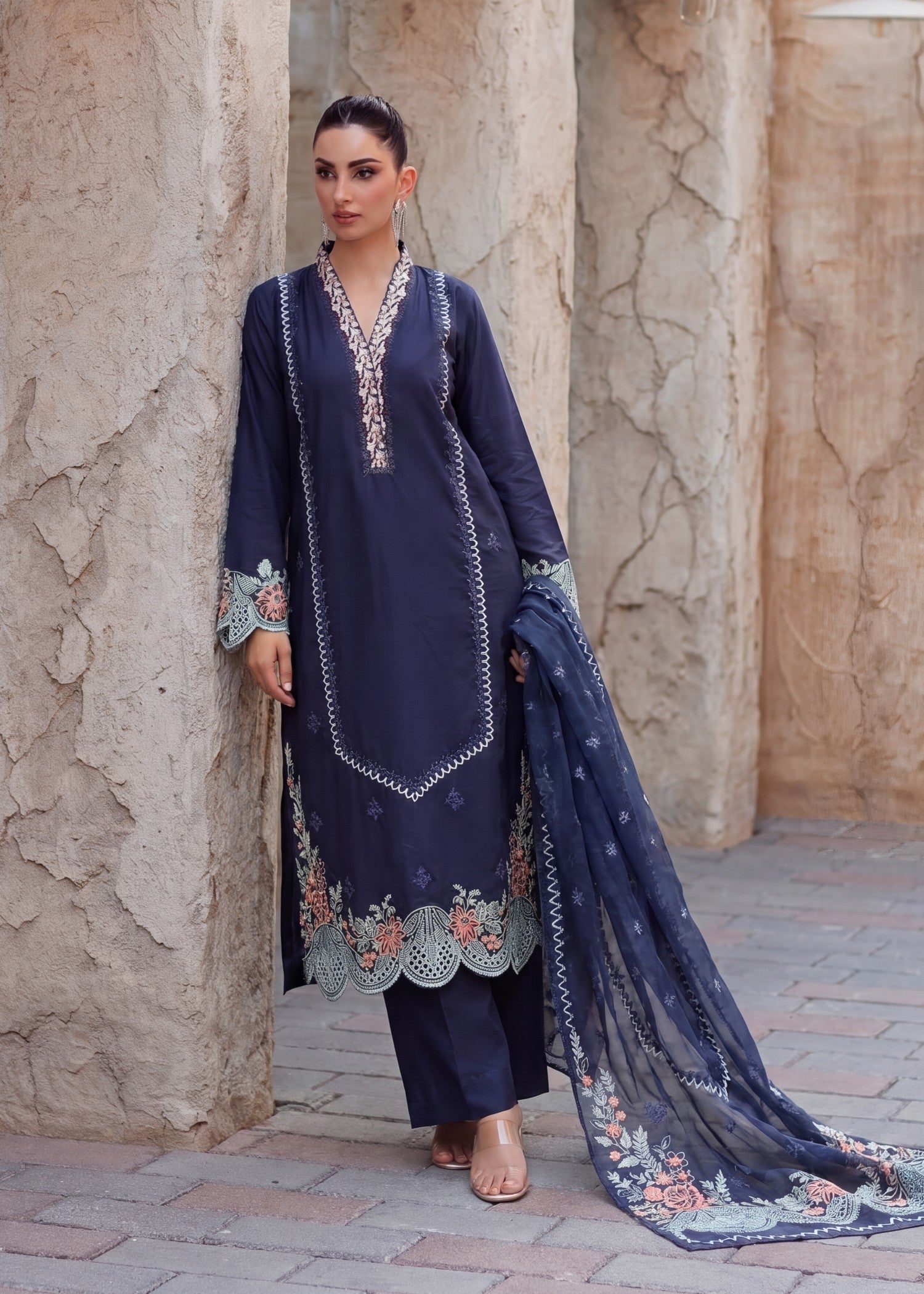 Lawn Kurta Set in Navy blue
