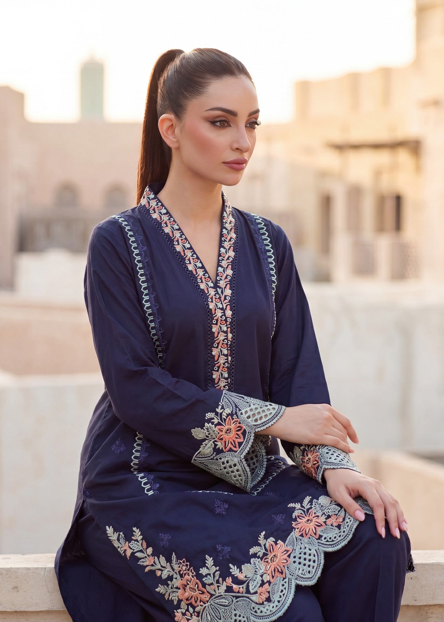 Lawn Kurta Set in Navy blue