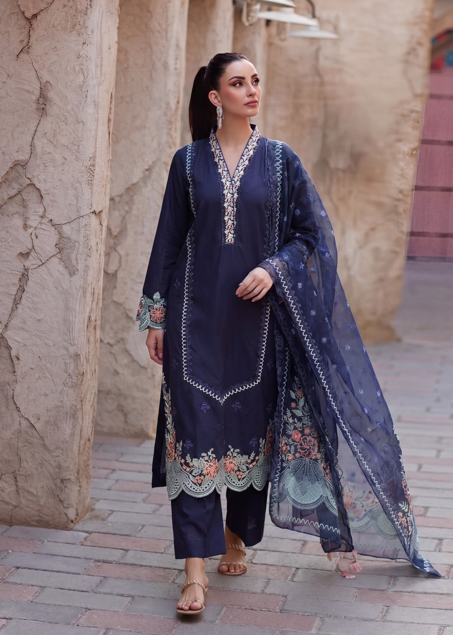 Lawn Kurta Set in Navy blue
