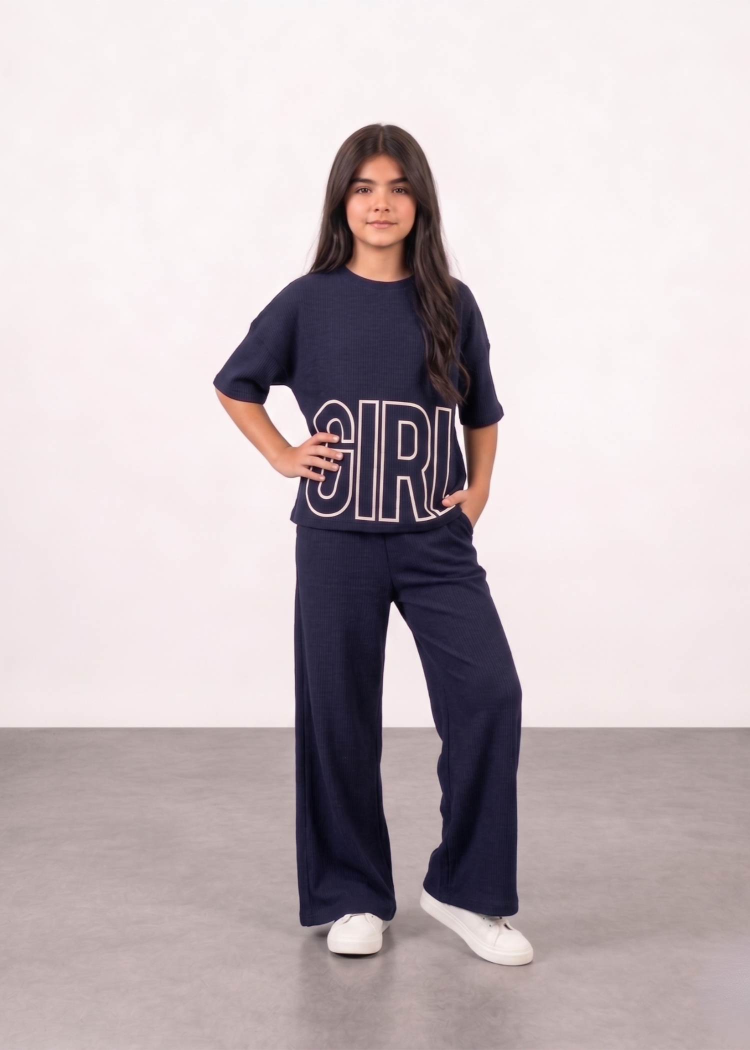 GIRLS-NAVY-BLUE-RIBBED-2 - Piece Matching Set Girl Graphic Top Wide Leg Pants