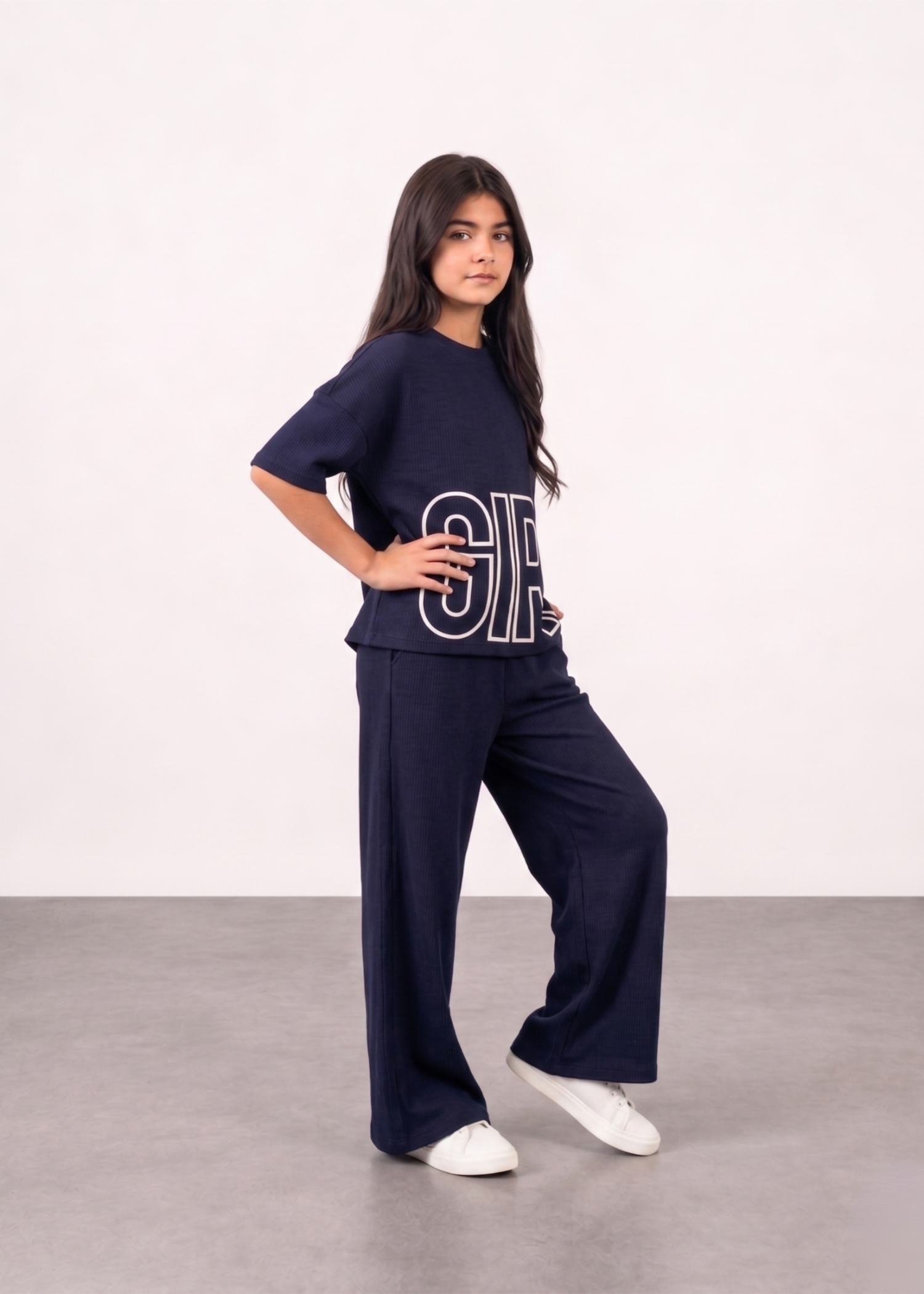 GIRLS-NAVY-BLUE-RIBBED-2 - Piece Matching Set Girl Graphic Top Wide Leg Pants