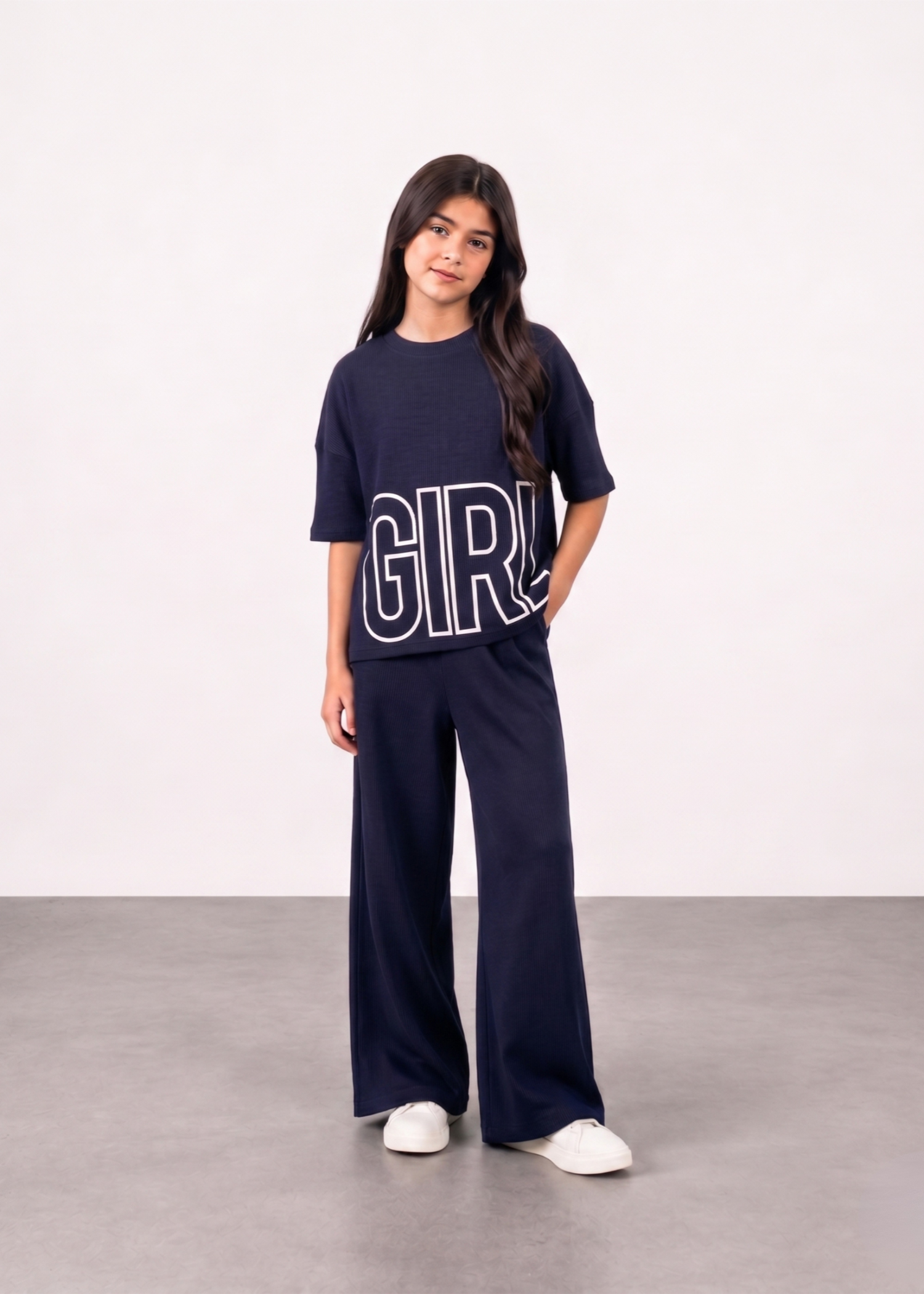 GIRLS-NAVY-BLUE-RIBBED-2 - Piece Matching Set Girl Graphic Top Wide Leg Pants