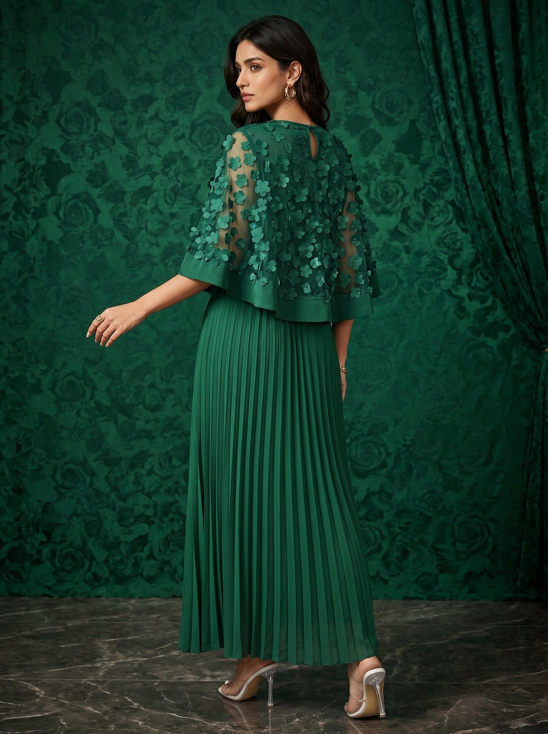 Naye Kapray Emerald Green Pleated Maxi Dress UK | Women's Wedding Guest Dress | Floral Applique Formal Occasion Wear | Modest Evening Party Dress