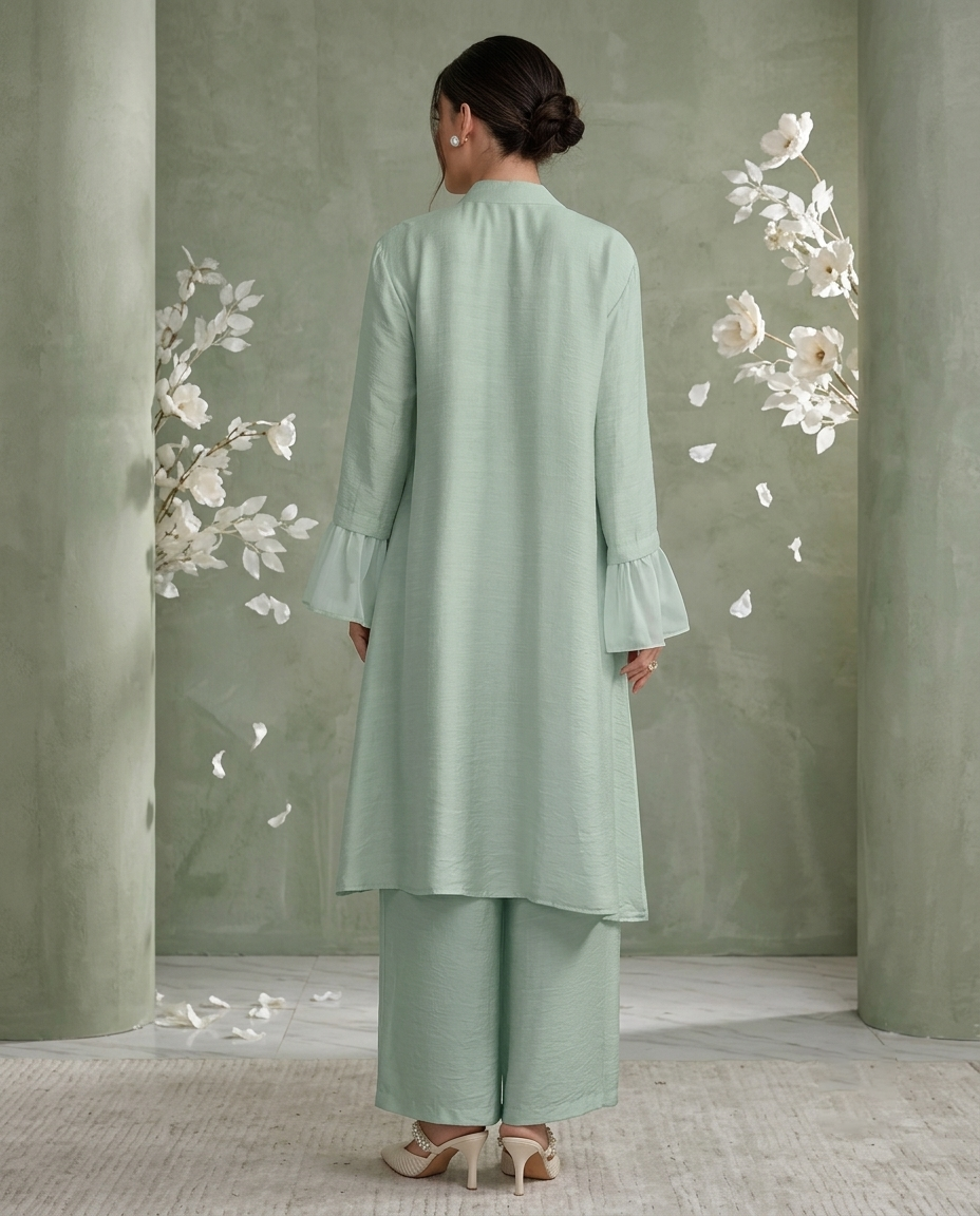 Naye Kapray Women's Mint Green Ruffle Sleeve Co-Ord Set | Stand Collar Tunic Top & Pocket Wide Leg Trousers | Elegant Modest Two Piece Outfit