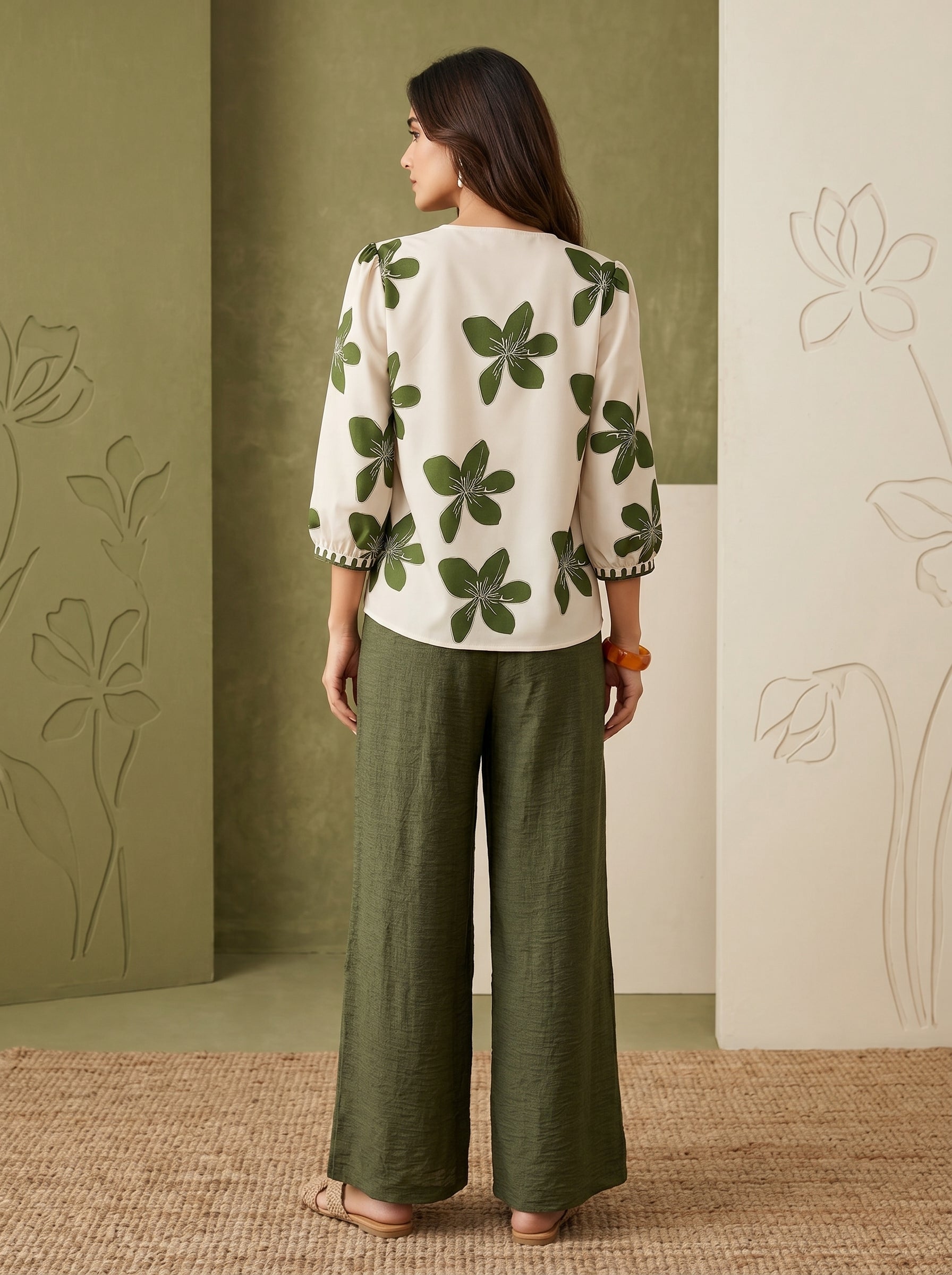 Naye Kapray Women's Olive Green Floral Print Co-Ord Set UK | V Neck Blouse & Wide Leg Trousers | Modest Two Piece Outfit for Women