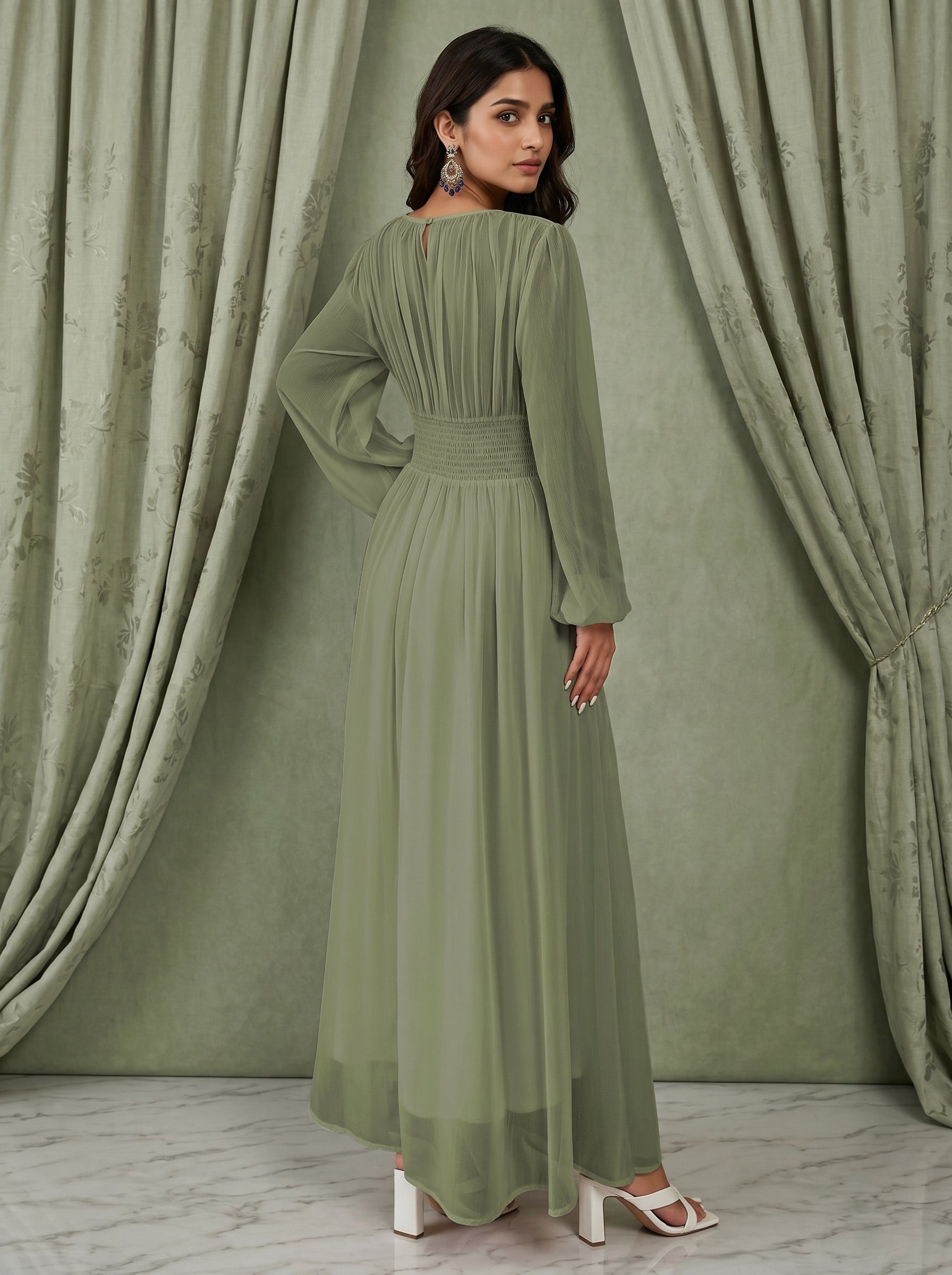 Naye Kapray Women's Sage Green Maxi Dress | Modest Long Sleeve Formal Dress | Wedding Guest & Occasion Dress for Women