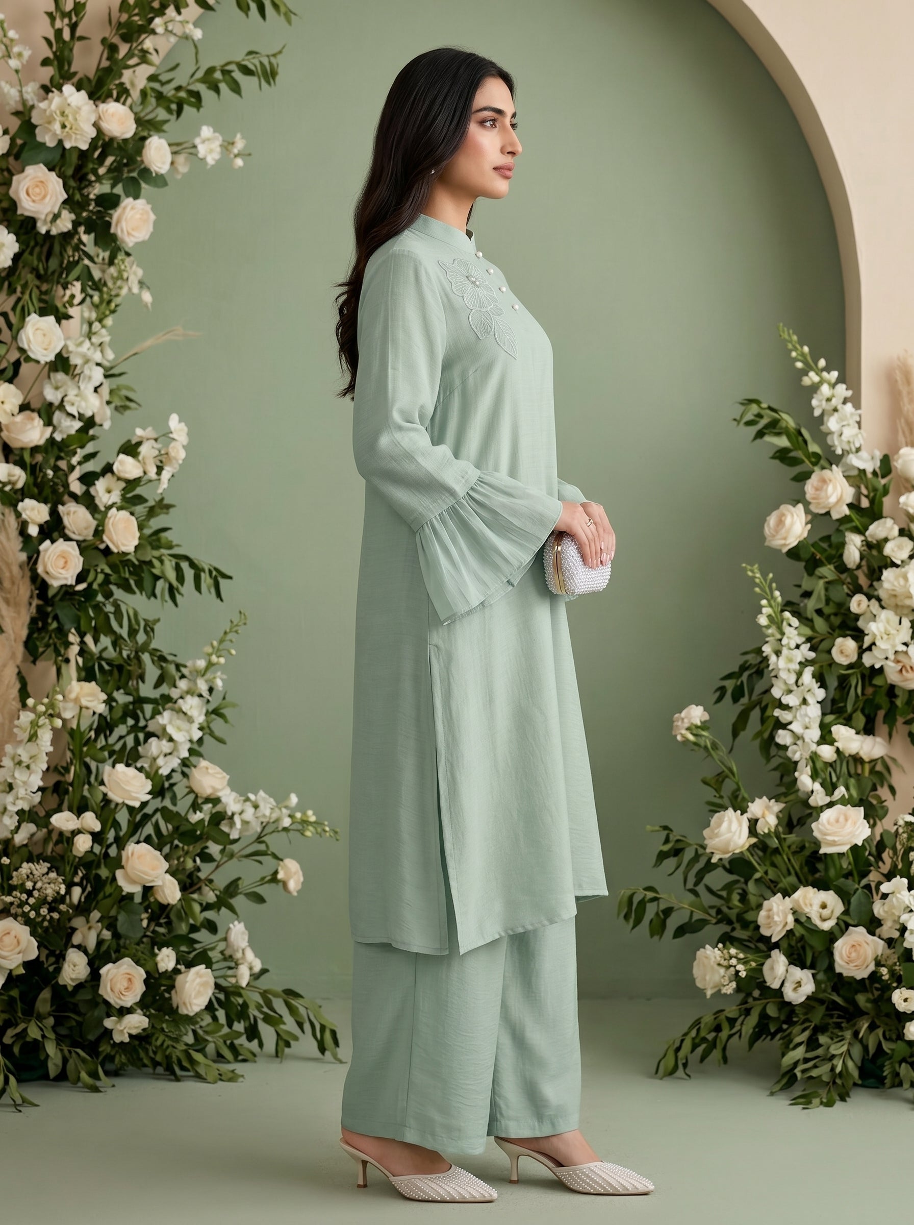 Naye Kapray Women's Mint Green Ruffle Sleeve Co-Ord Set | Stand Collar Tunic Top & Pocket Wide Leg Trousers | Elegant Modest Two Piece Outfit