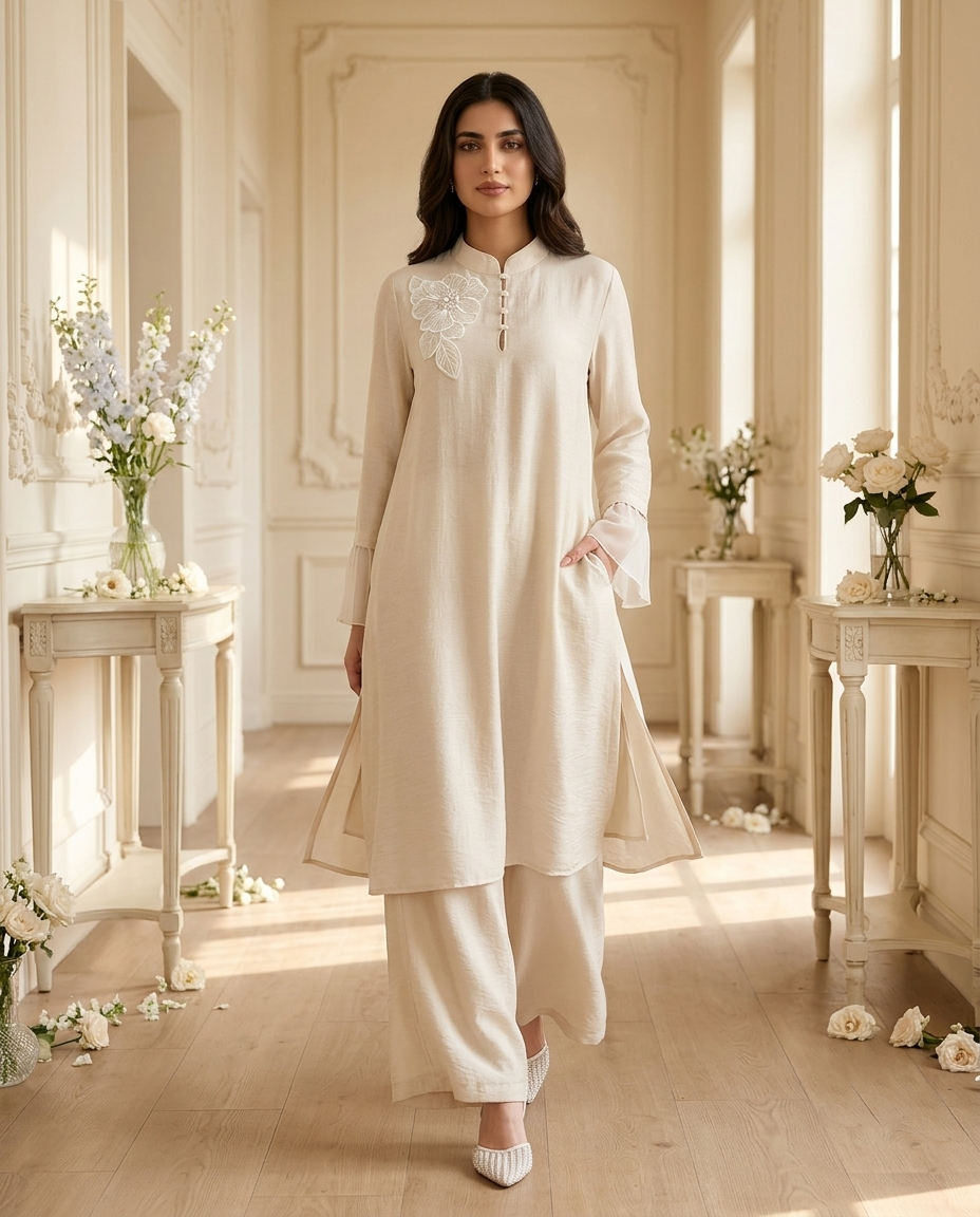 Naye Kapray Women's Apricot Ruffle Sleeve Co-Ord Set | Stand Collar Tunic Top & Pocket Wide Leg Trousers | Elegant Modest Two Piece Outfit