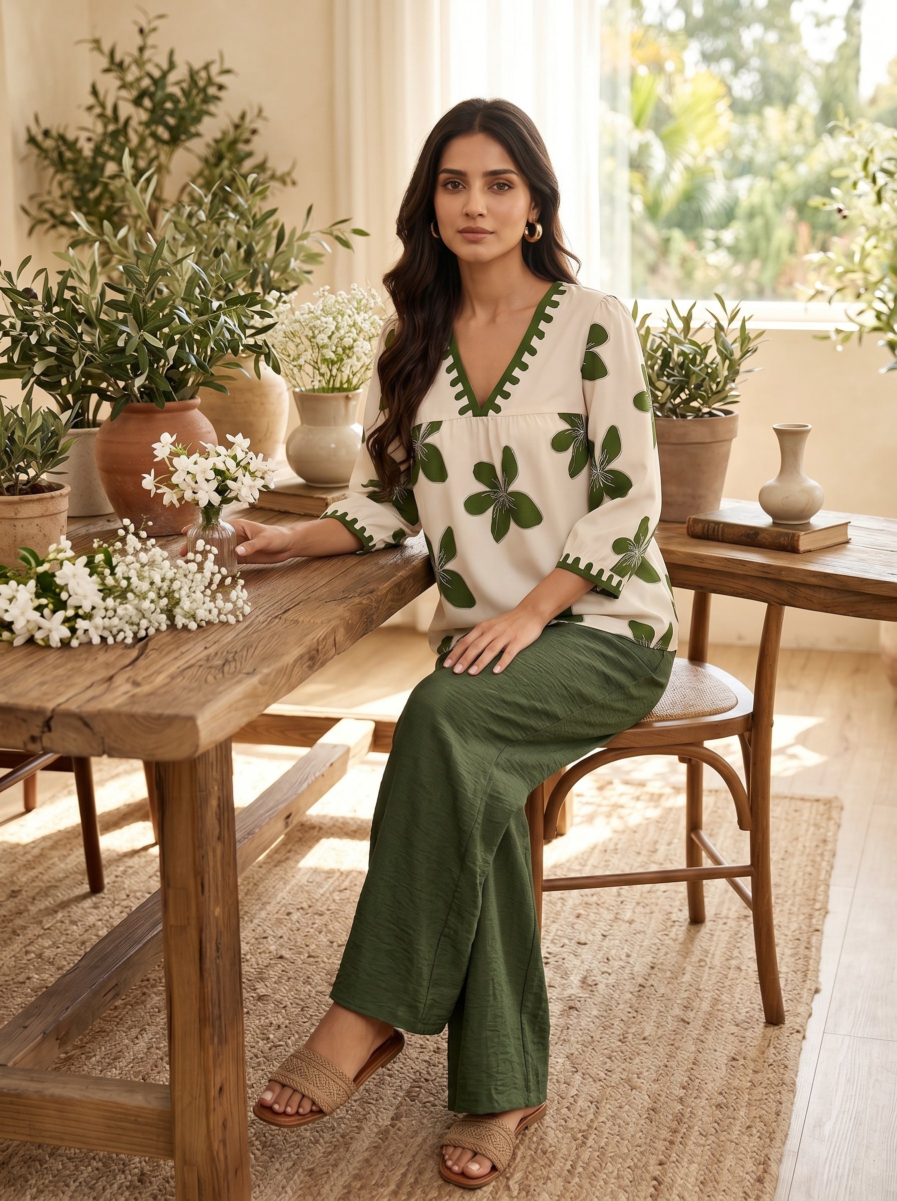 Naye Kapray Women's Olive Green Floral Print Co-Ord Set UK | V Neck Blouse & Wide Leg Trousers | Modest Two Piece Outfit for Women