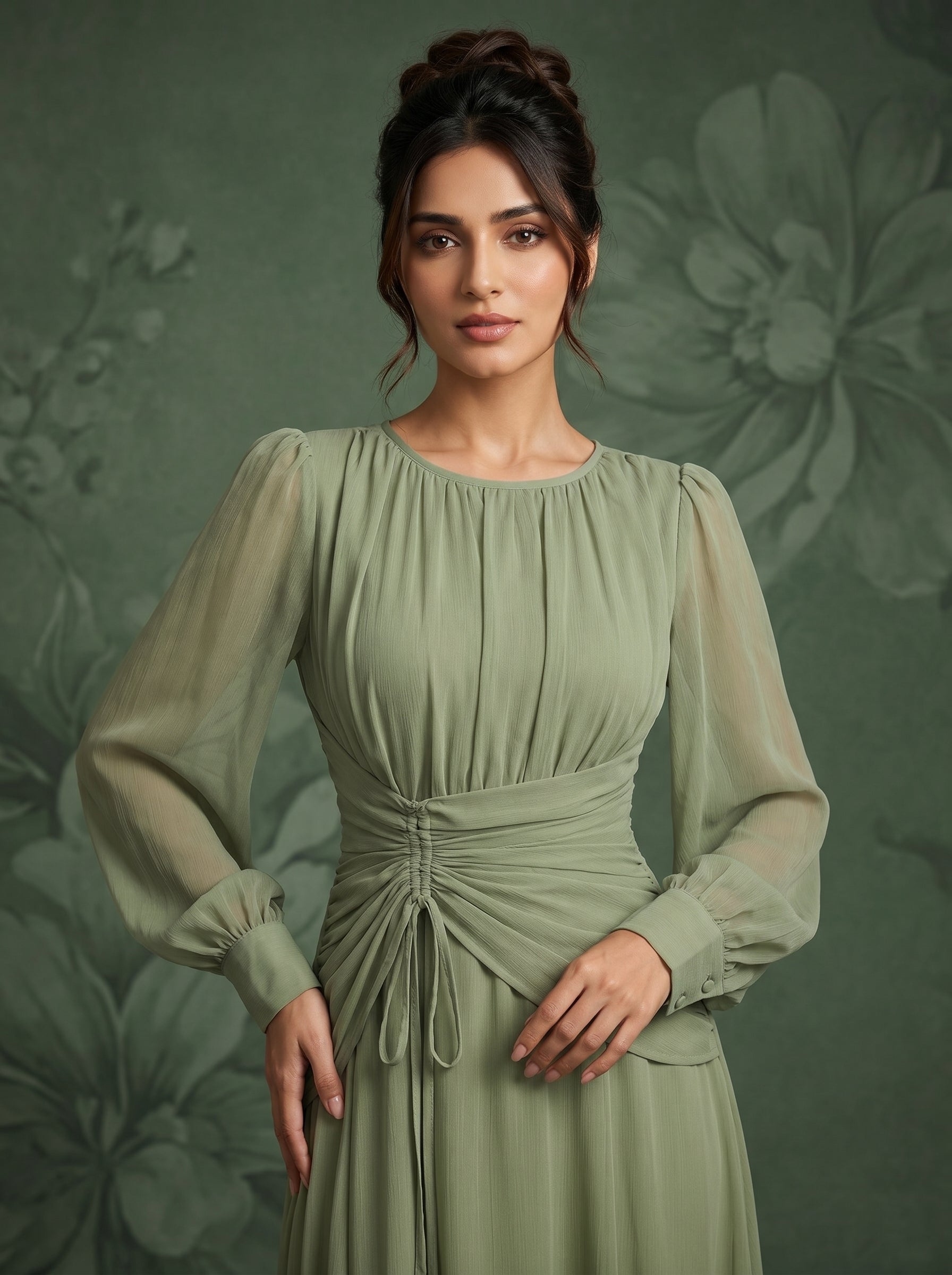 Naye Kapray Women's Sage Green Maxi Dress | Modest Long Sleeve Formal Dress | Wedding Guest & Occasion Dress for Women