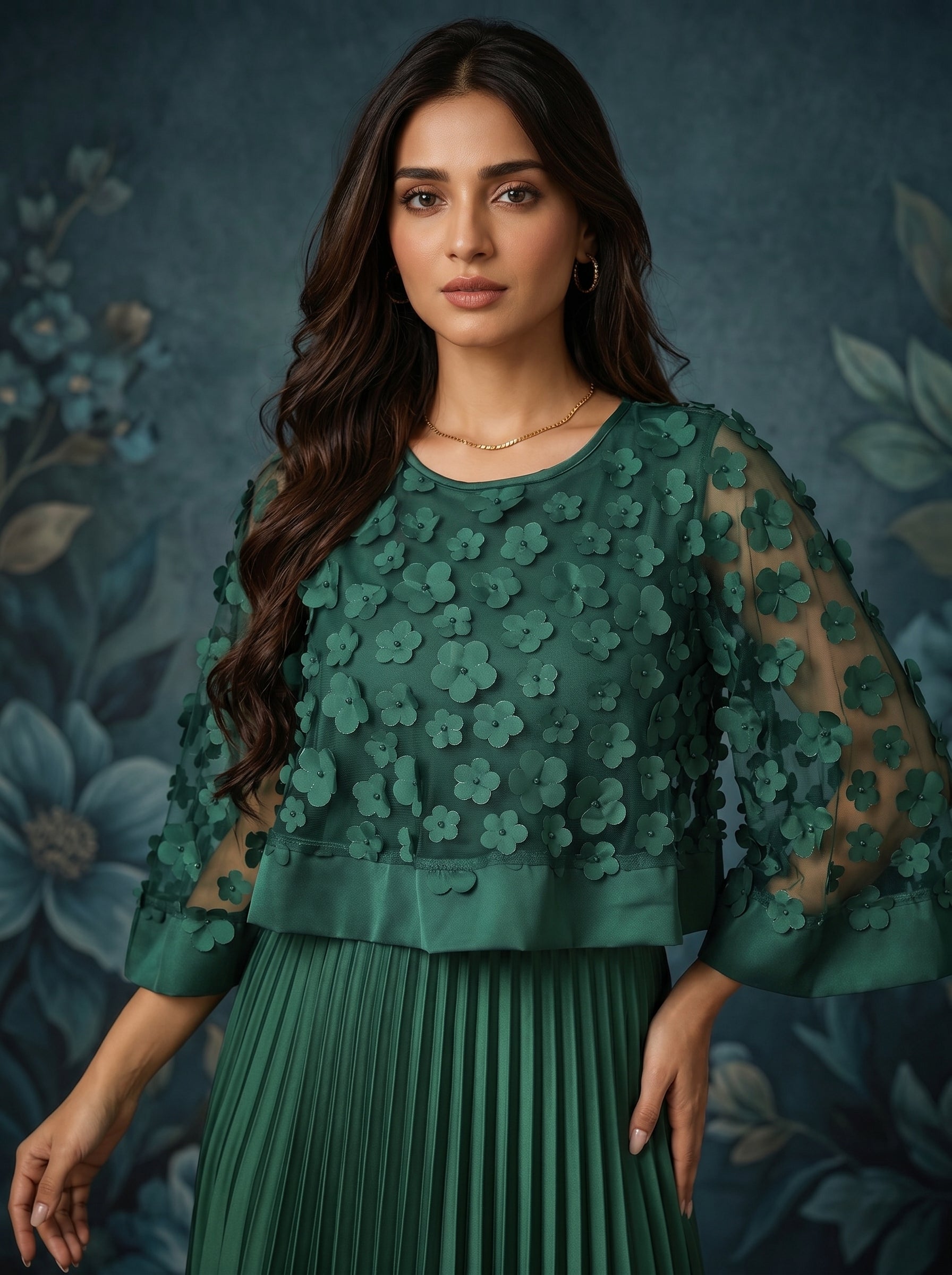 Naye Kapray Emerald Green Pleated Maxi Dress UK | Women's Wedding Guest Dress | Floral Applique Formal Occasion Wear | Modest Evening Party Dress