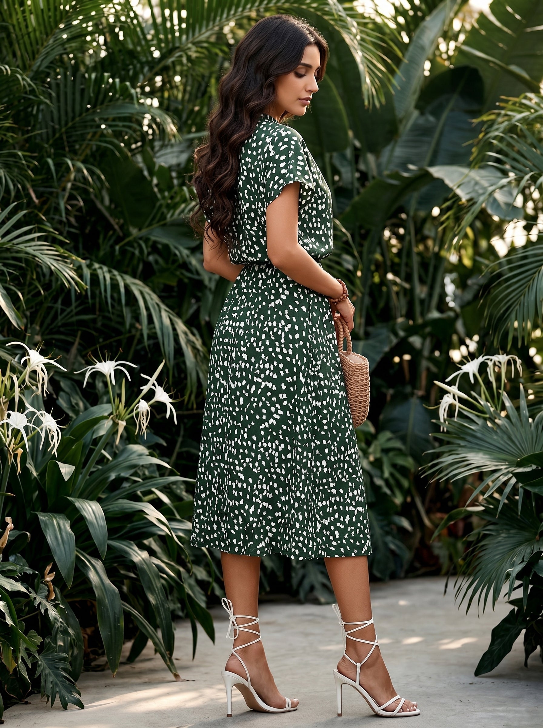 Naye Kapray Women's Forest Green Printed Midi Dress | High Neck Batwing Sleeve A-Line Dress | Elegant Casual Summer Dress