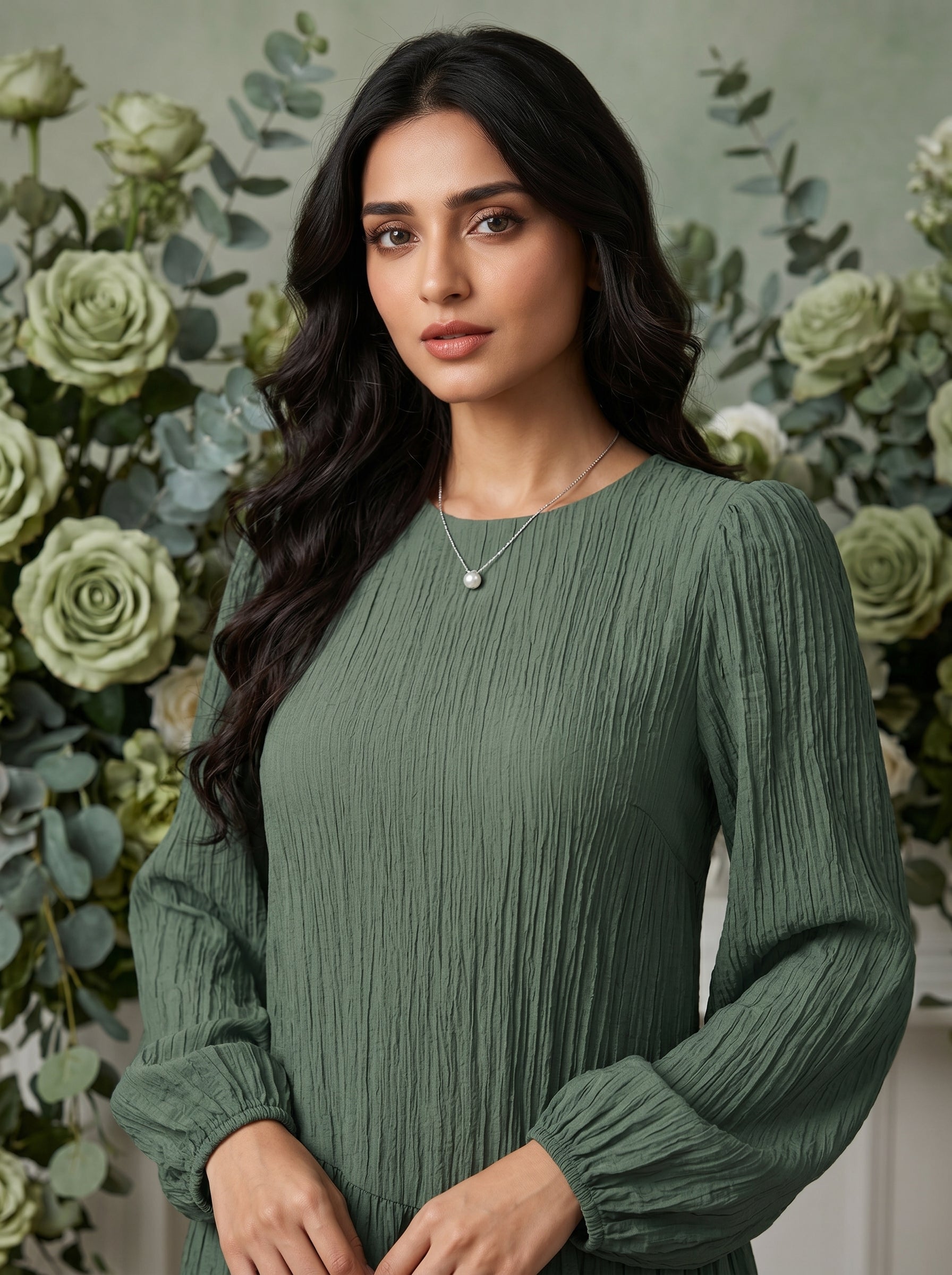 Naye Kapray Olive Green Maxi Dress for Women | Long Sleeve Modest Dress | Casual Formal Occasion Wear | Flowy Smock Dress