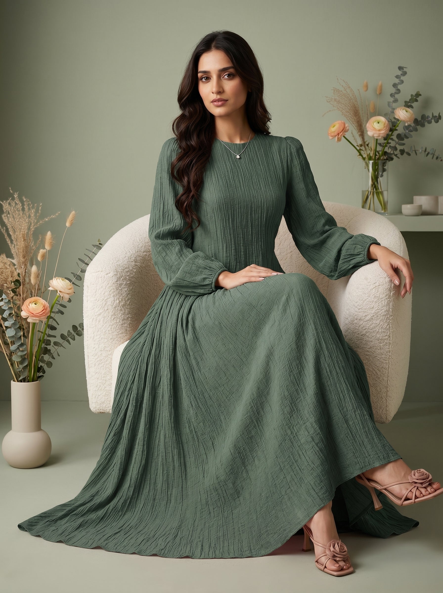 Naye Kapray Olive Green Maxi Dress for Women | Long Sleeve Modest Dress | Casual Formal Occasion Wear | Flowy Smock Dress