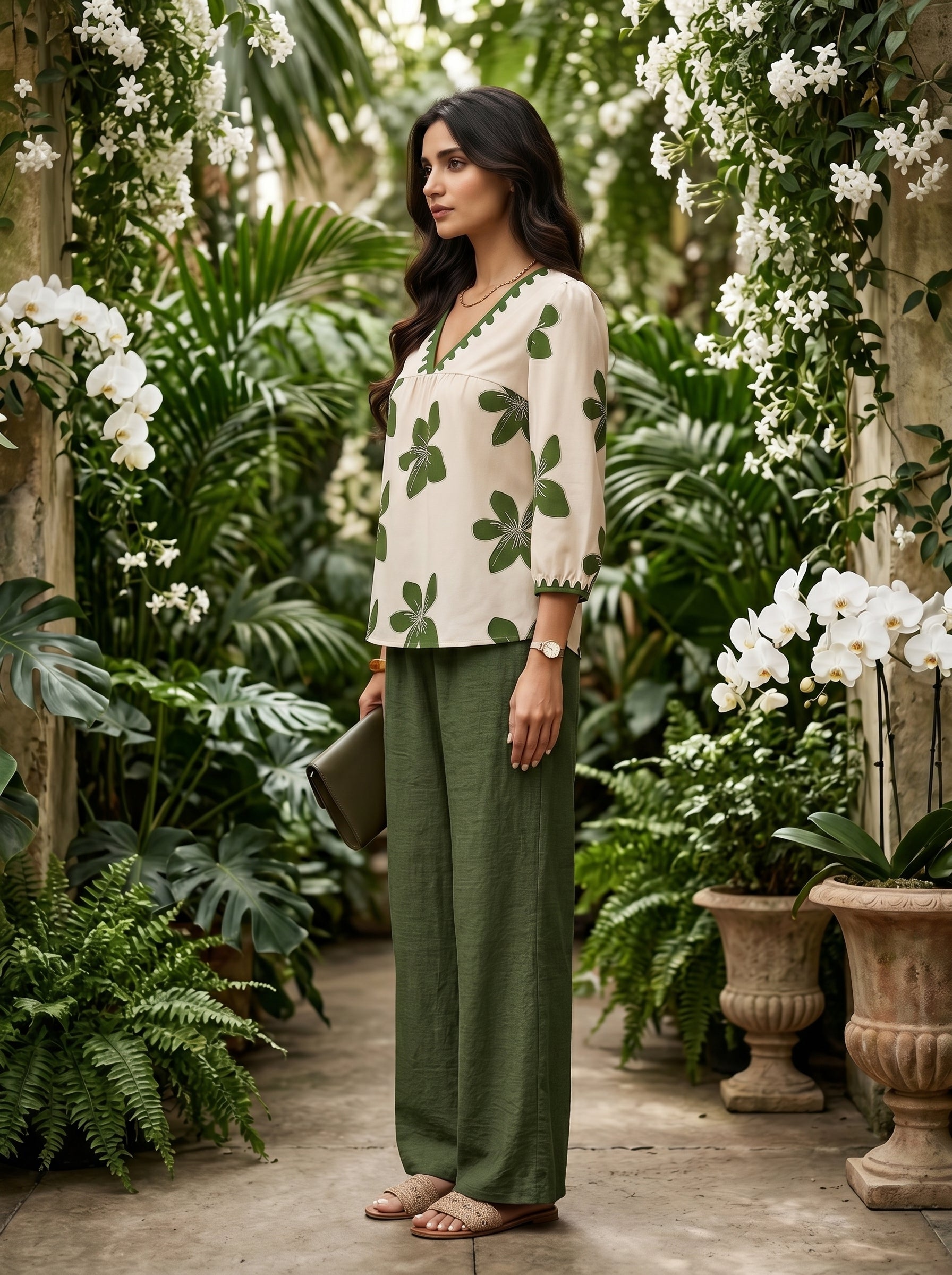 Naye Kapray Women's Olive Green Floral Print Co-Ord Set UK | V Neck Blouse & Wide Leg Trousers | Modest Two Piece Outfit for Women