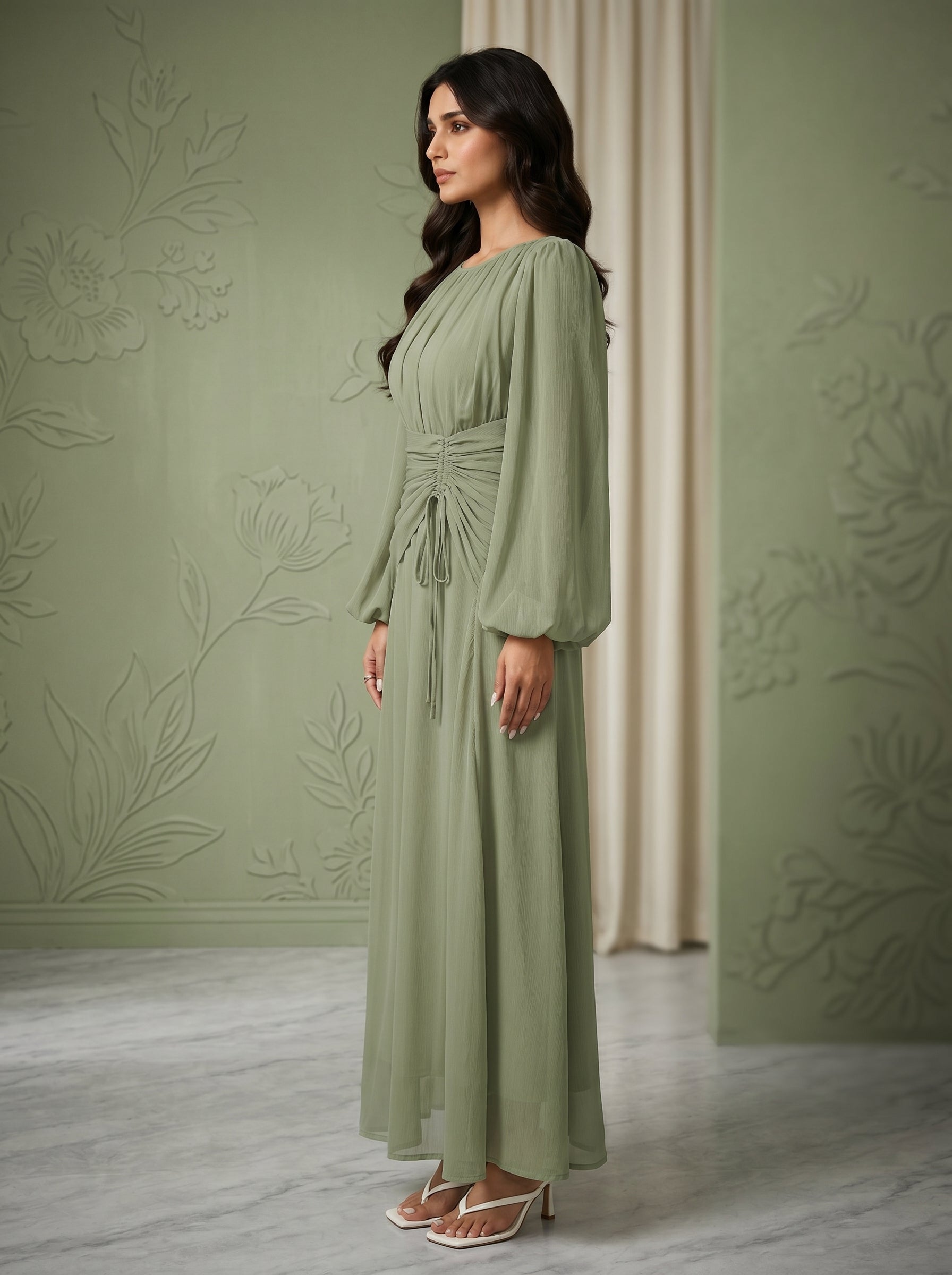 Naye Kapray Women's Sage Green Maxi Dress | Modest Long Sleeve Formal Dress | Wedding Guest & Occasion Dress for Women