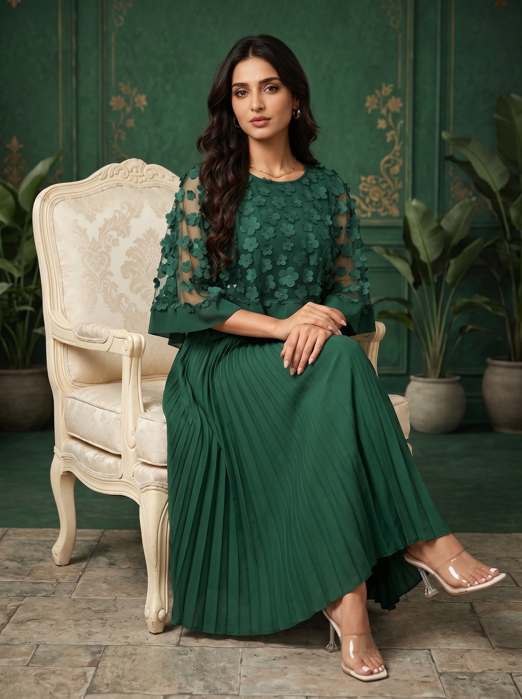 Naye Kapray Emerald Green Pleated Maxi Dress UK | Women's Wedding Guest Dress | Floral Applique Formal Occasion Wear | Modest Evening Party Dress