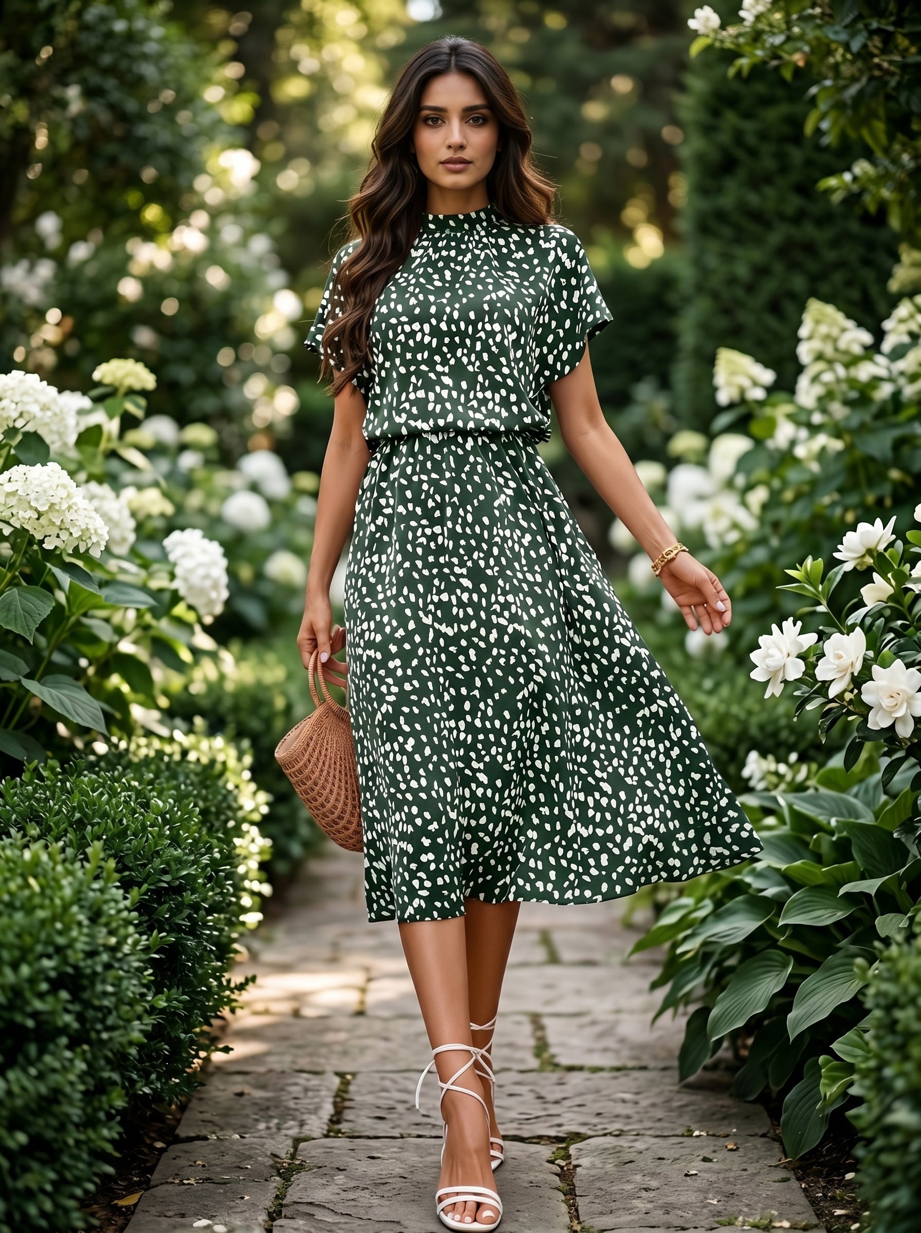 Naye Kapray Women's Forest Green Printed Midi Dress | High Neck Batwing Sleeve A-Line Dress | Elegant Casual Summer Dress