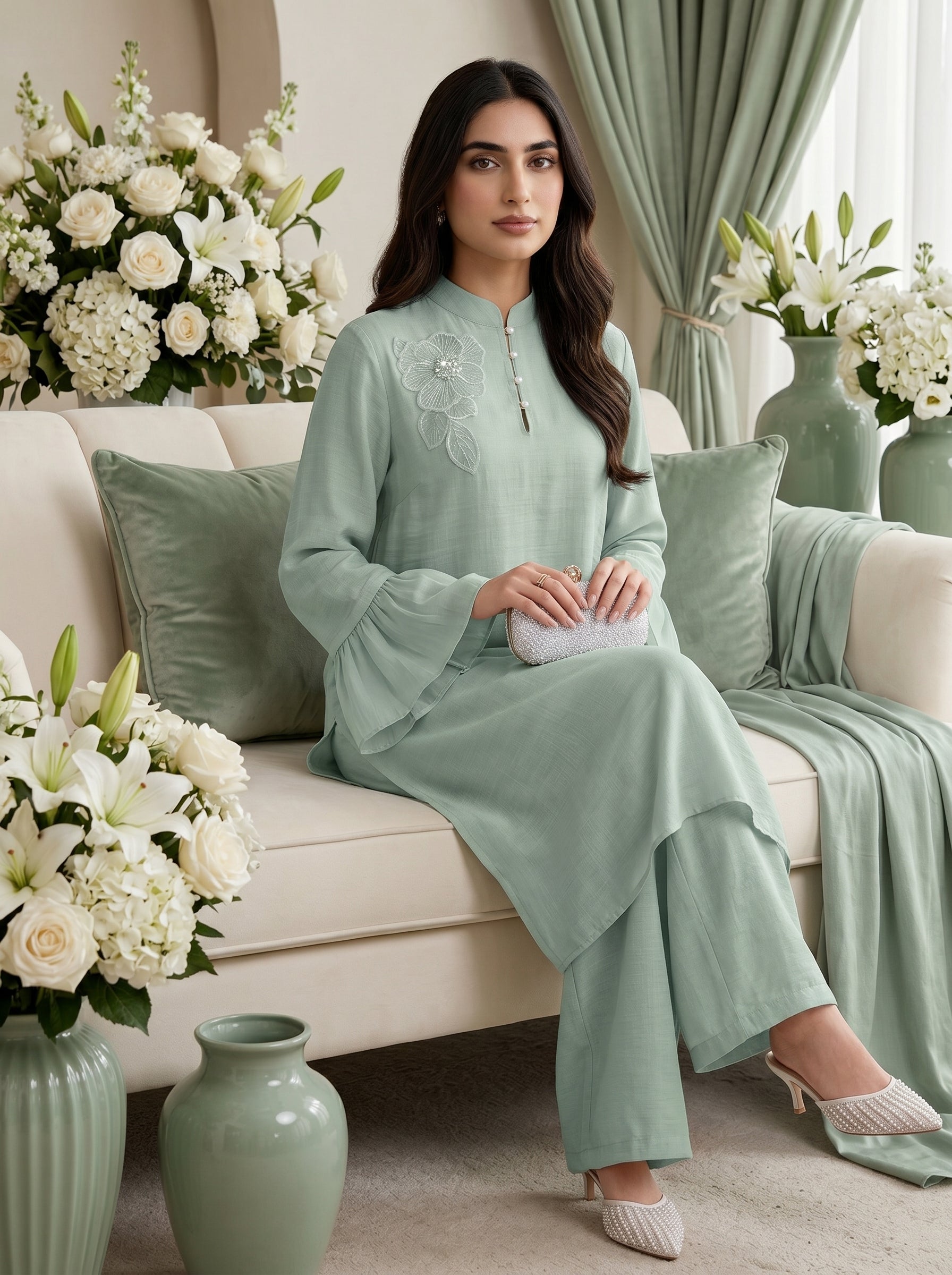 Naye Kapray Women's Mint Green Ruffle Sleeve Co-Ord Set | Stand Collar Tunic Top & Pocket Wide Leg Trousers | Elegant Modest Two Piece Outfit