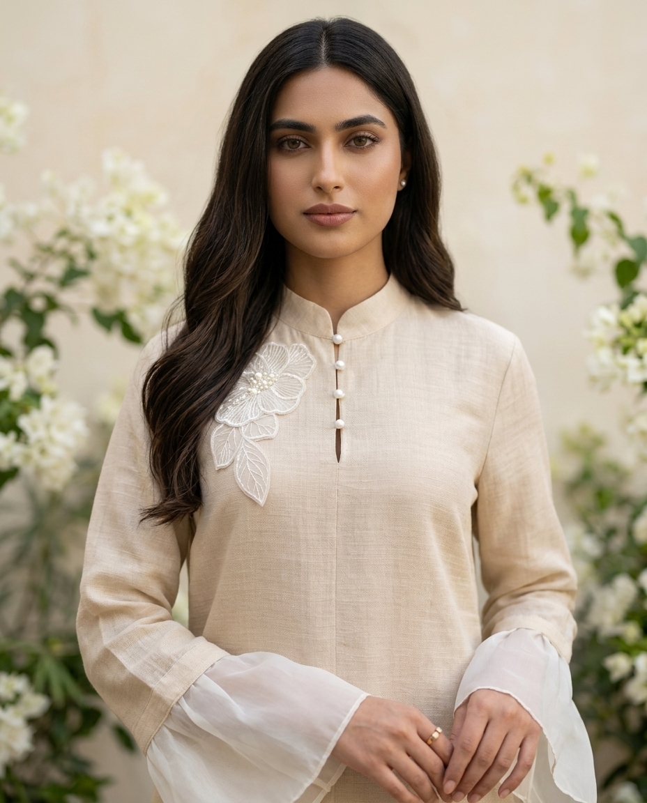 Naye Kapray Women's Apricot Ruffle Sleeve Co-Ord Set | Stand Collar Tunic Top & Pocket Wide Leg Trousers | Elegant Modest Two Piece Outfit