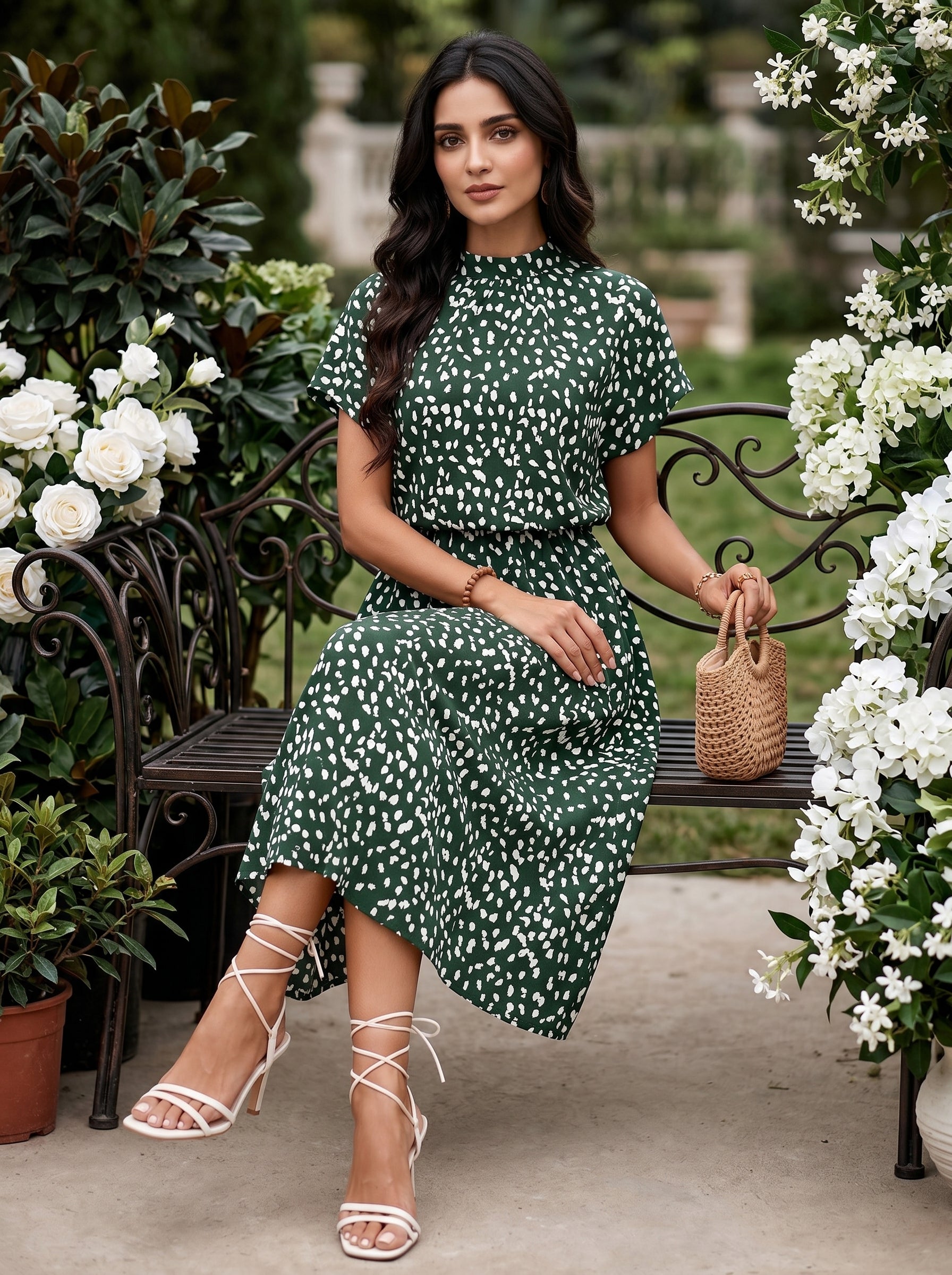 Naye Kapray Women's Forest Green Printed Midi Dress | High Neck Batwing Sleeve A-Line Dress | Elegant Casual Summer Dress