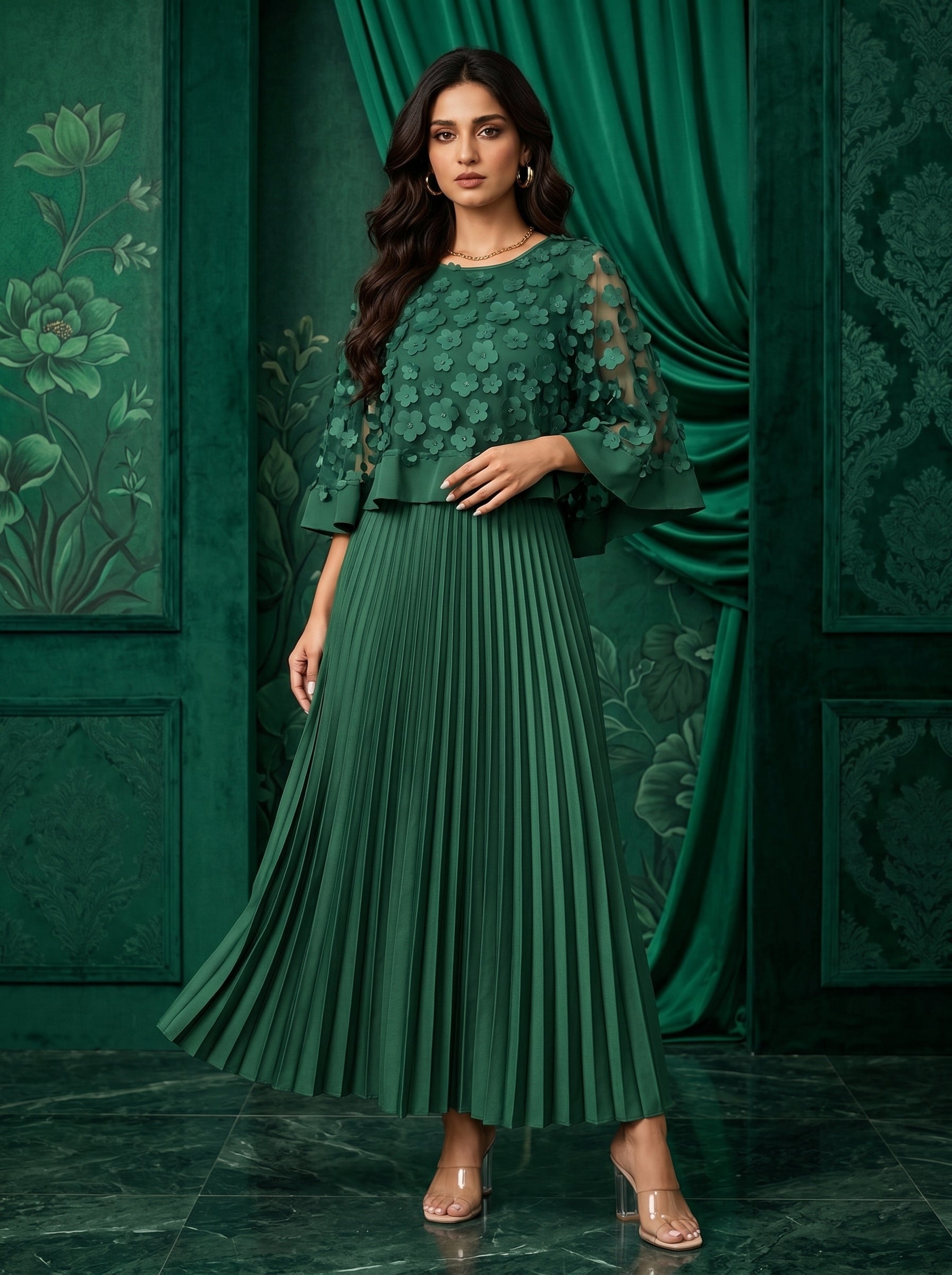 Naye Kapray Emerald Green Pleated Maxi Dress UK | Women's Wedding Guest Dress | Floral Applique Formal Occasion Wear | Modest Evening Party Dress