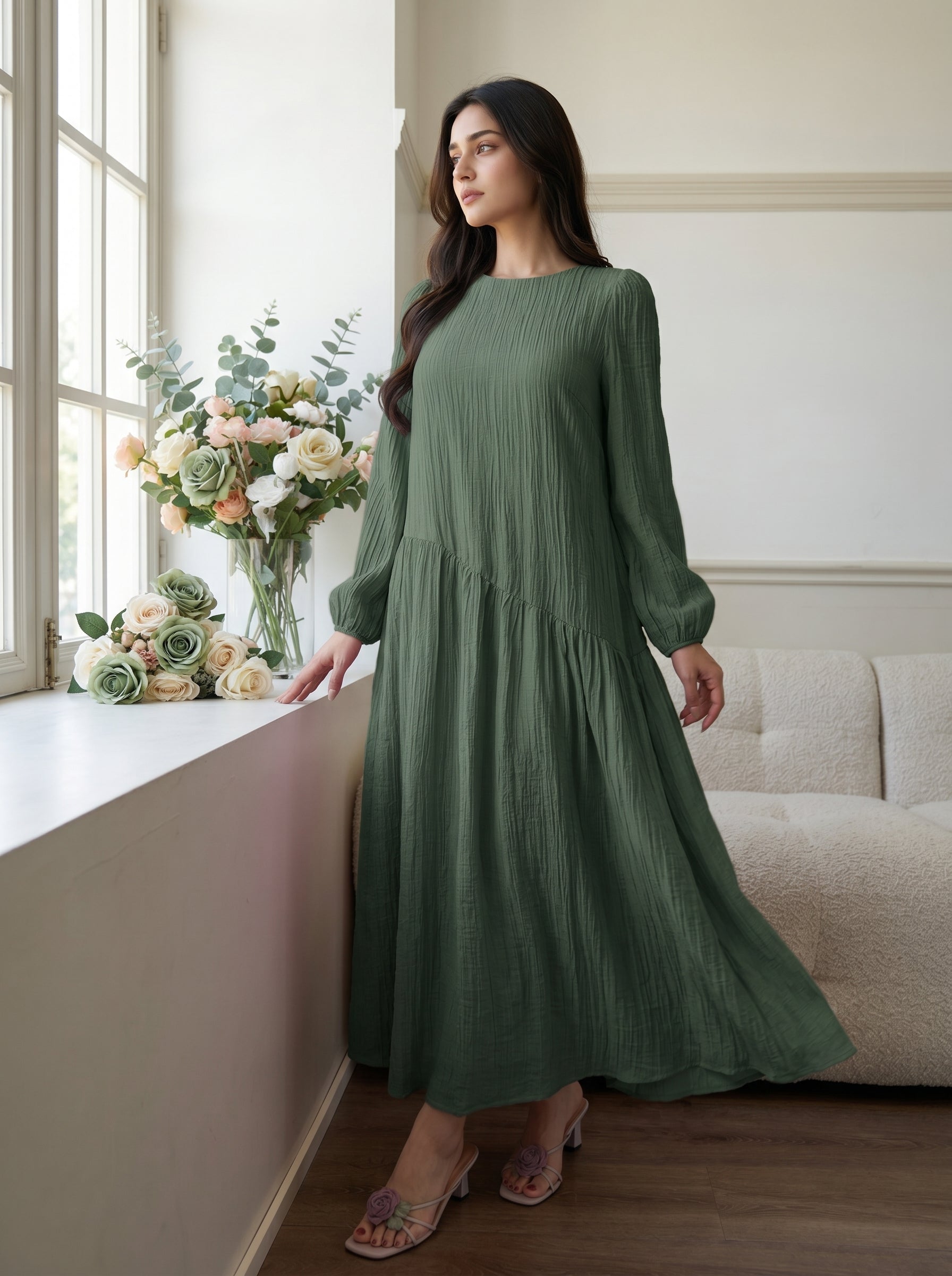 Naye Kapray Olive Green Maxi Dress for Women | Long Sleeve Modest Dress | Casual Formal Occasion Wear | Flowy Smock Dress